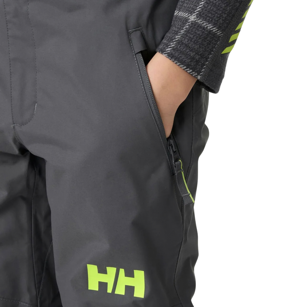 Helly Hansen Junior Legendary Pants in Thunder Grey with secure hand pocket and YKK zipper for storing small ski essentials