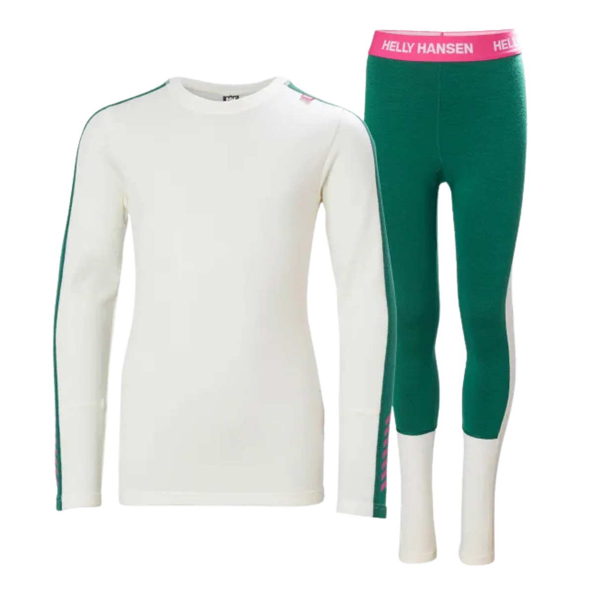 Helly Hansen Junior Lifa Merino Midweight Set in Emerald with 2-layer LIFA moisture-wicking technology, warm Merino wool and flatlock seams