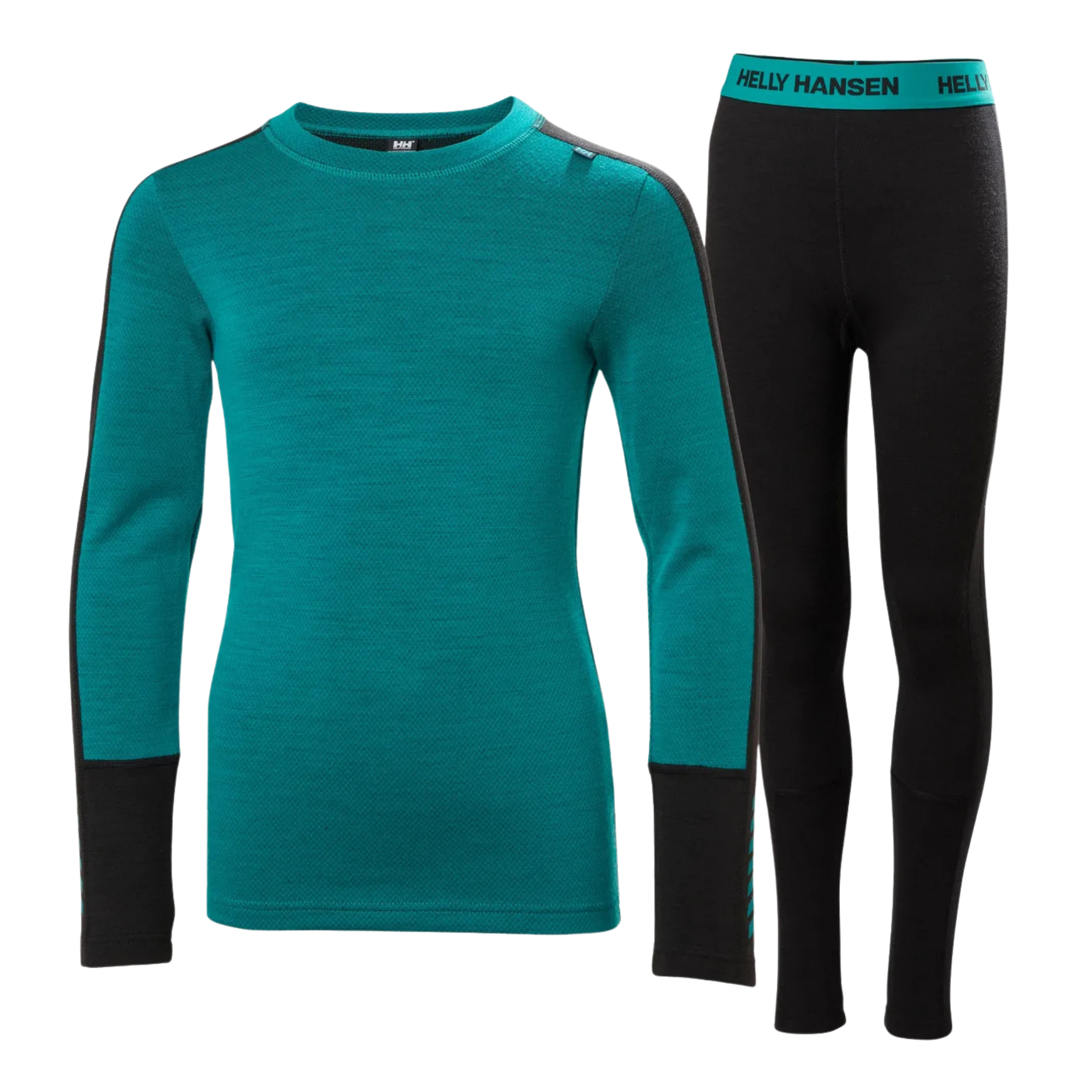 Helly Hansen Junior Lifa Merino Midweight Set in Signal Green with 2-layer LIFA moisture-wicking technology, warm Merino wool and flatlock seams