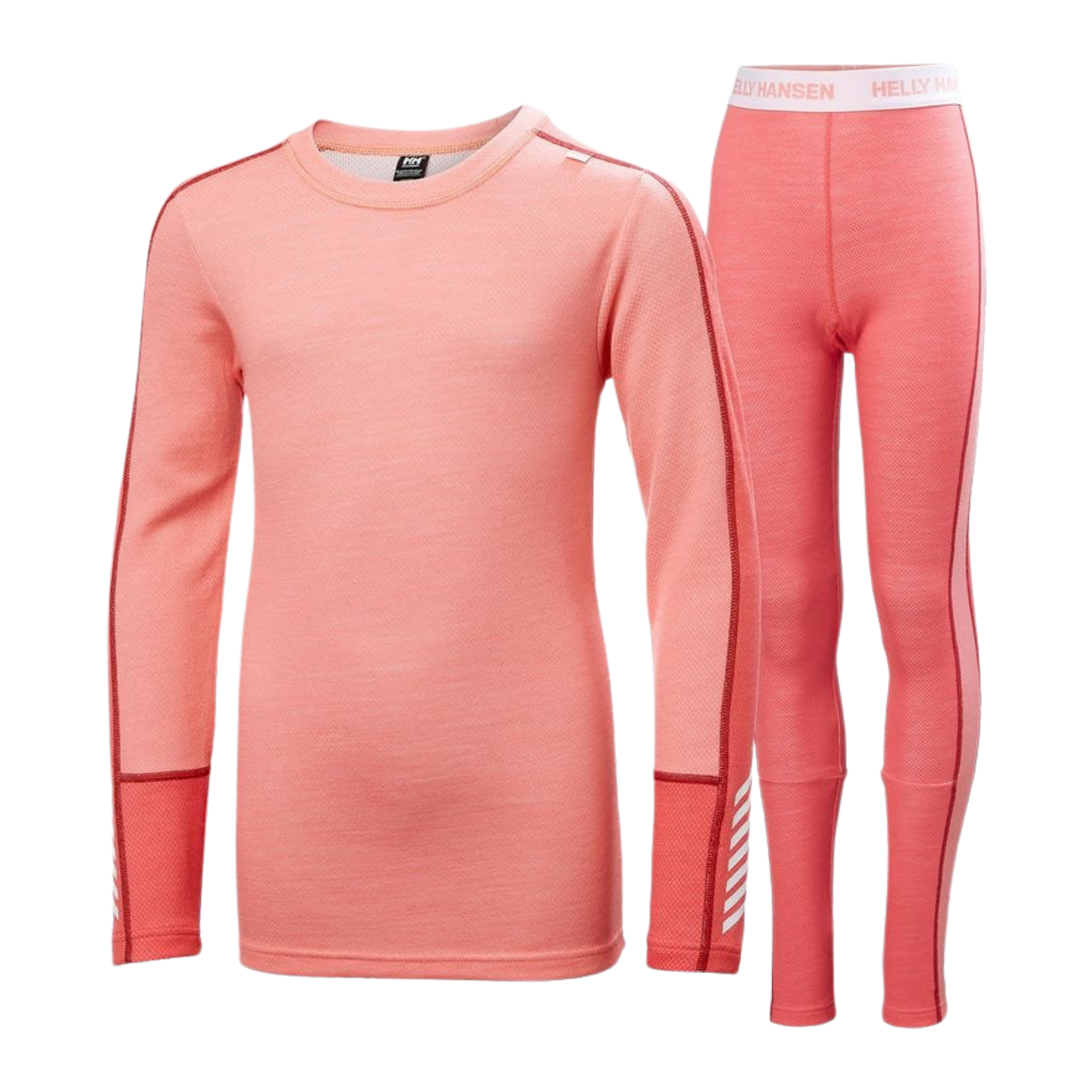 Helly Hansen Junior Lifa Merino Midweight Set in Sunset Pink with 2-layer LIFA moisture-wicking technology, warm Merino wool and flatlock seams