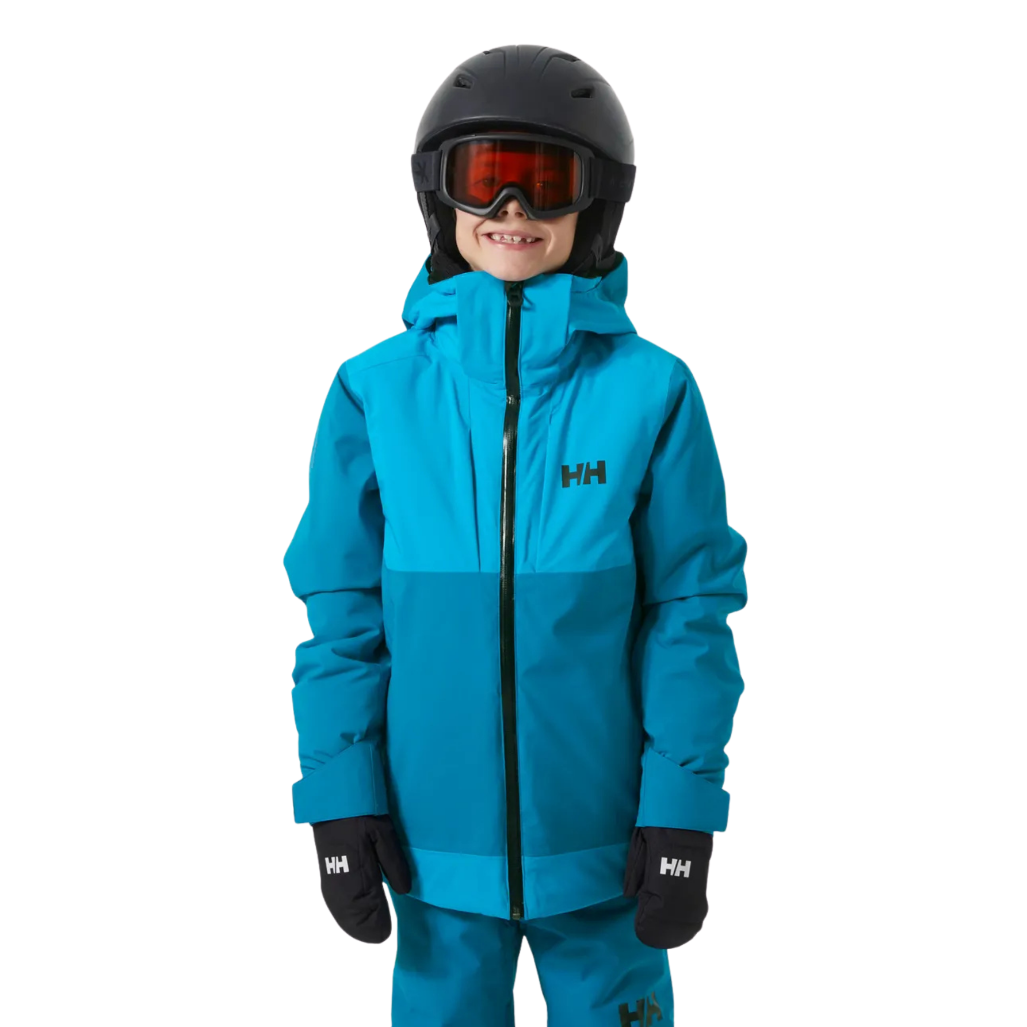 Front view of Helly Hansen Juniors Alpha Ski Jacket in Cerulean Blue with HELLY TECH Performance, YKK zipper and PrimaLoft insulation