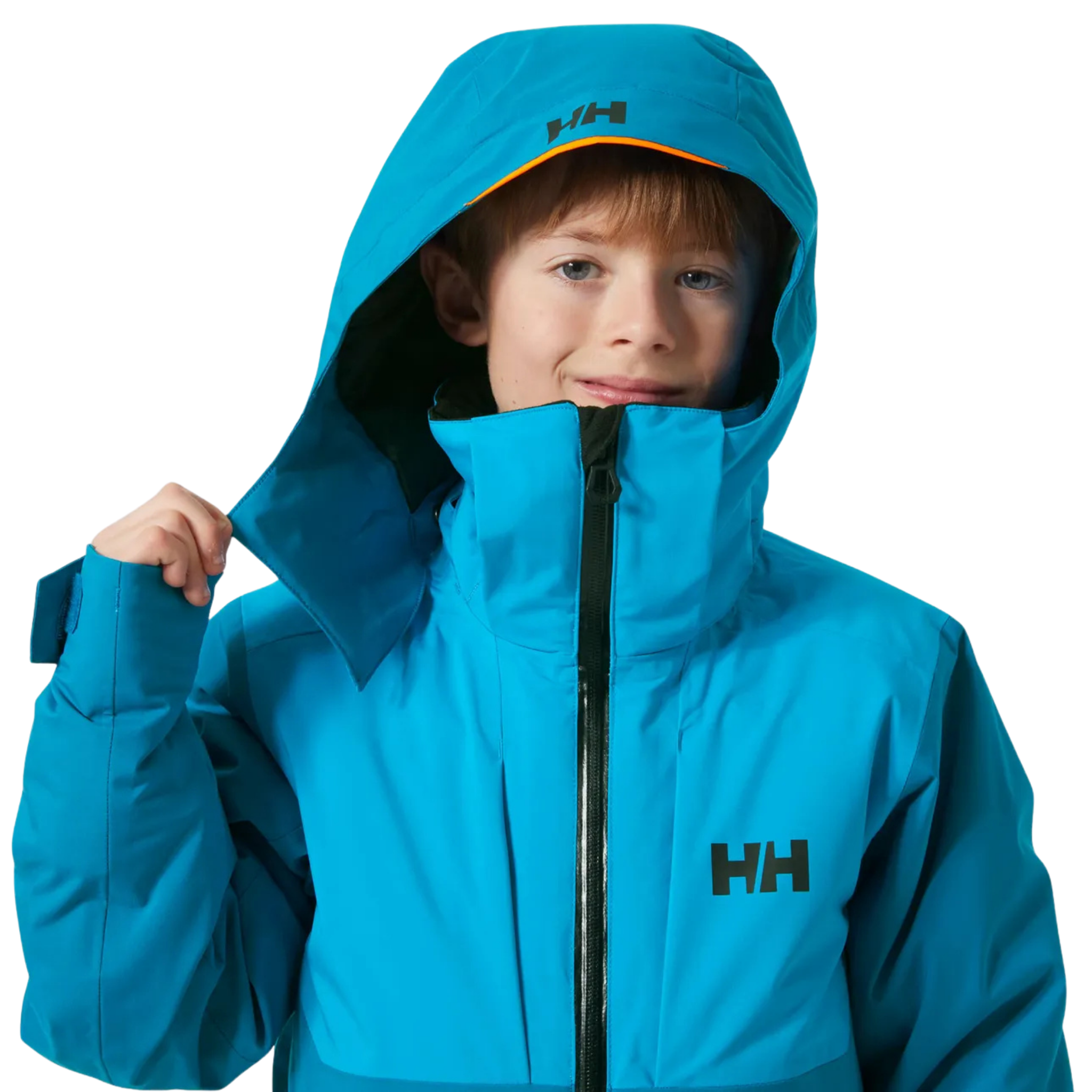 Helly Hansen Juniors Alpha Ski Jacket  in Cerulean Blue with detachable adjustable hood, neon brim and waterproof HELLY TECH construction