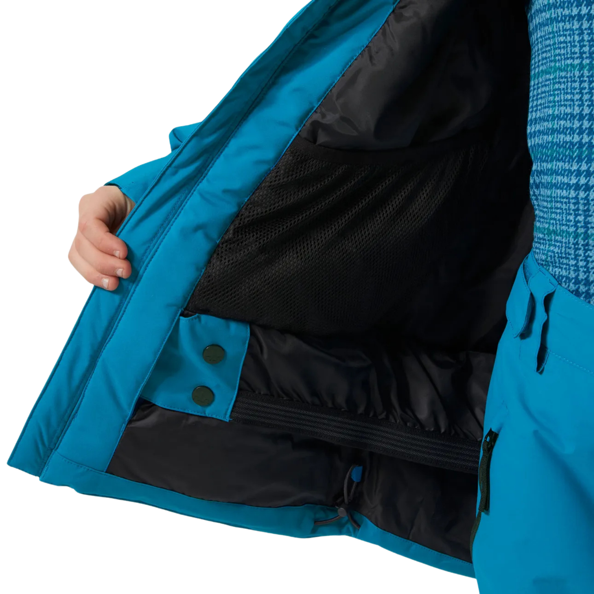 Helly Hansen Juniors Alpha Ski Jacket in Cerulean Blue with adjustable powder skirt and 133g PrimaLoft BLACK Eco insulation