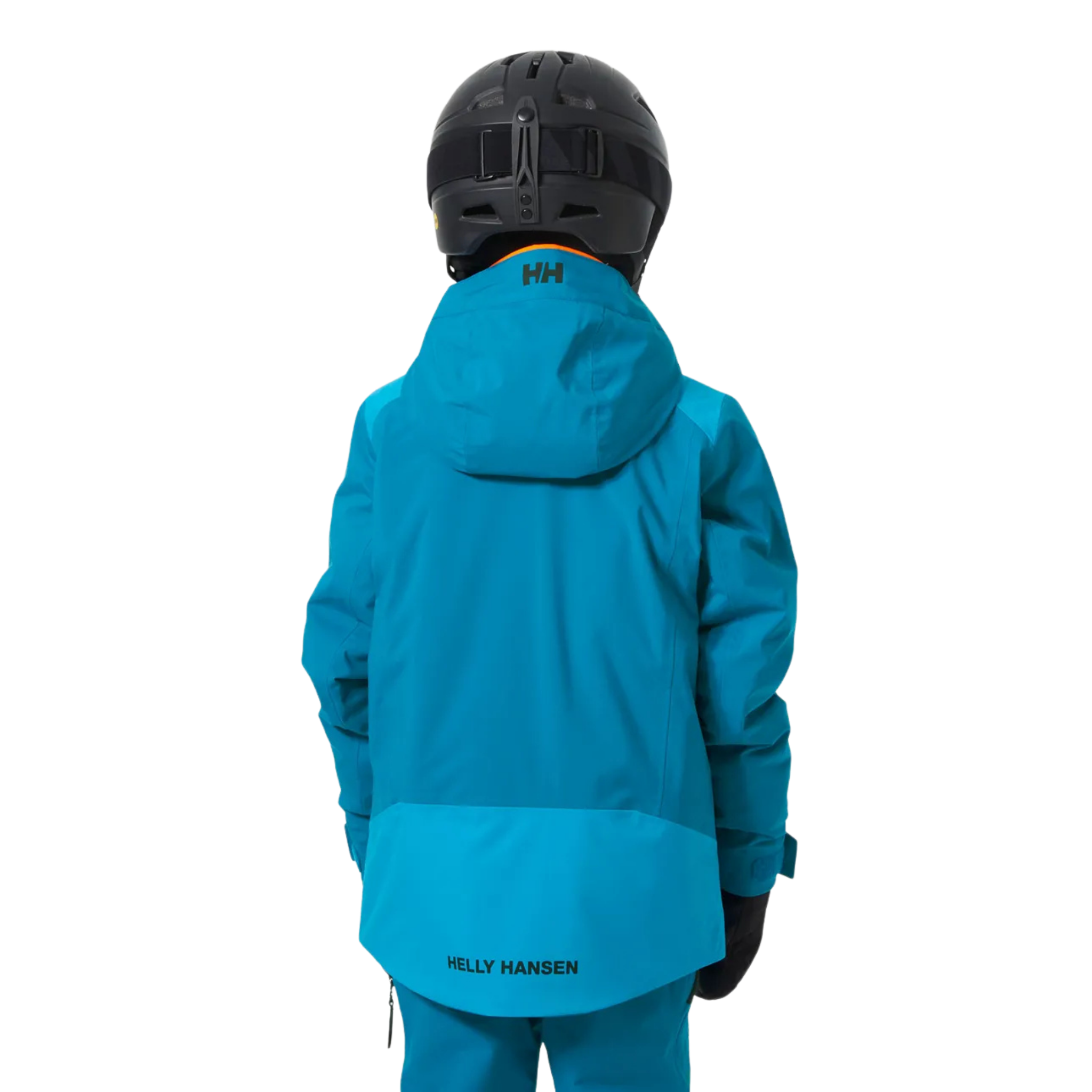 Rear view of Helly Hansen Juniors Alpha Ski Jacket in Cerulean Blue with 133g PrimaLoft BLACK Eco insulation and fully sealed seams