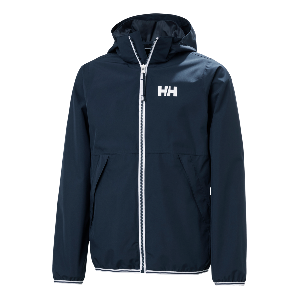Helly Hansen Juniors Koster Rain Jacket in Navy with lightweight waterproof windproof construction and removable hood