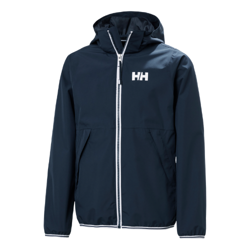 Helly Hansen Juniors Koster Rain Jacket in Navy with lightweight waterproof windproof construction and removable hood