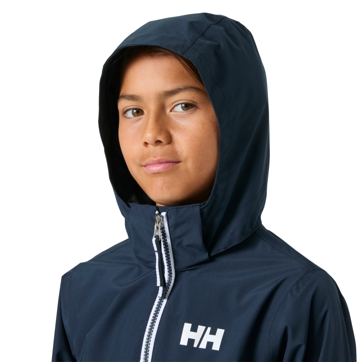 Helly Hansen Juniors Koster Rain Jacket in Navy with removable hood for versatile waterproof coverage in changing weather