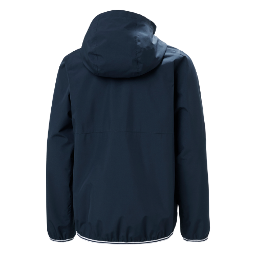 Rear view of Helly Hansen Juniors Koster Rain Jacket in Navy with lightweight breathable and windproof rain protection
