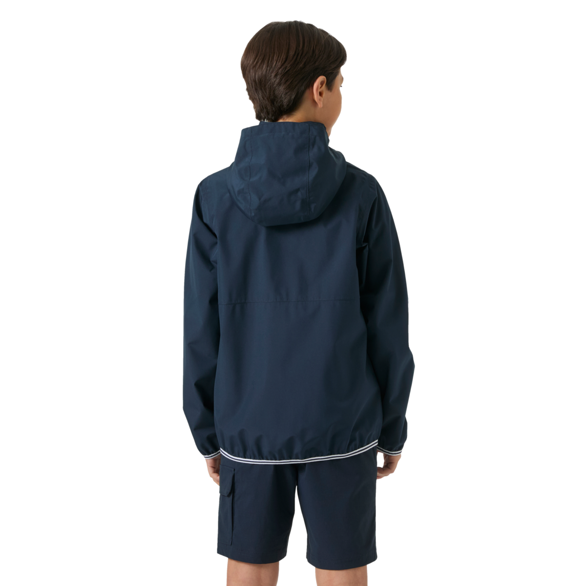 Rear view of Helly Hansen Juniors Koster Rain Jacket in Navy with lightweight breathable and windproof rain protection