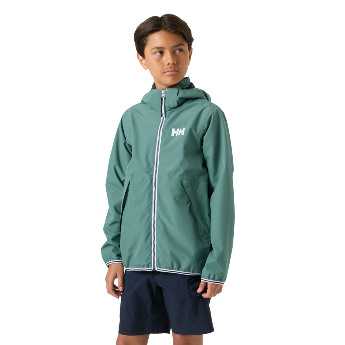 Front view of Helly Hansen Juniors Koster Rain Jacket in Opal with lightweight waterproof construction, elastic cuffs and removable hood