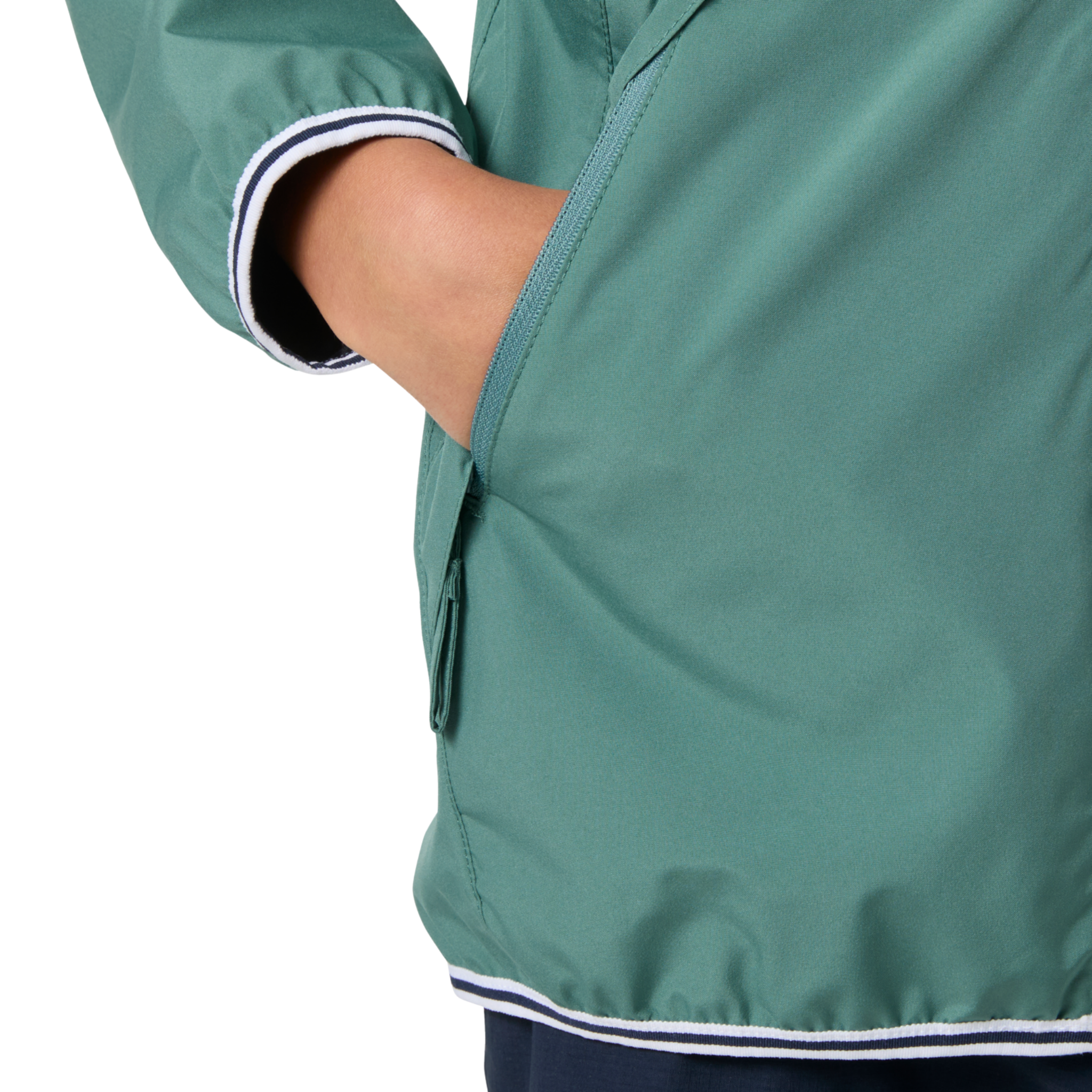 Helly Hansen Juniors Koster Rain Jacket hand pocket detail in Opal with practical storage and lightweight waterproof, windproof construction