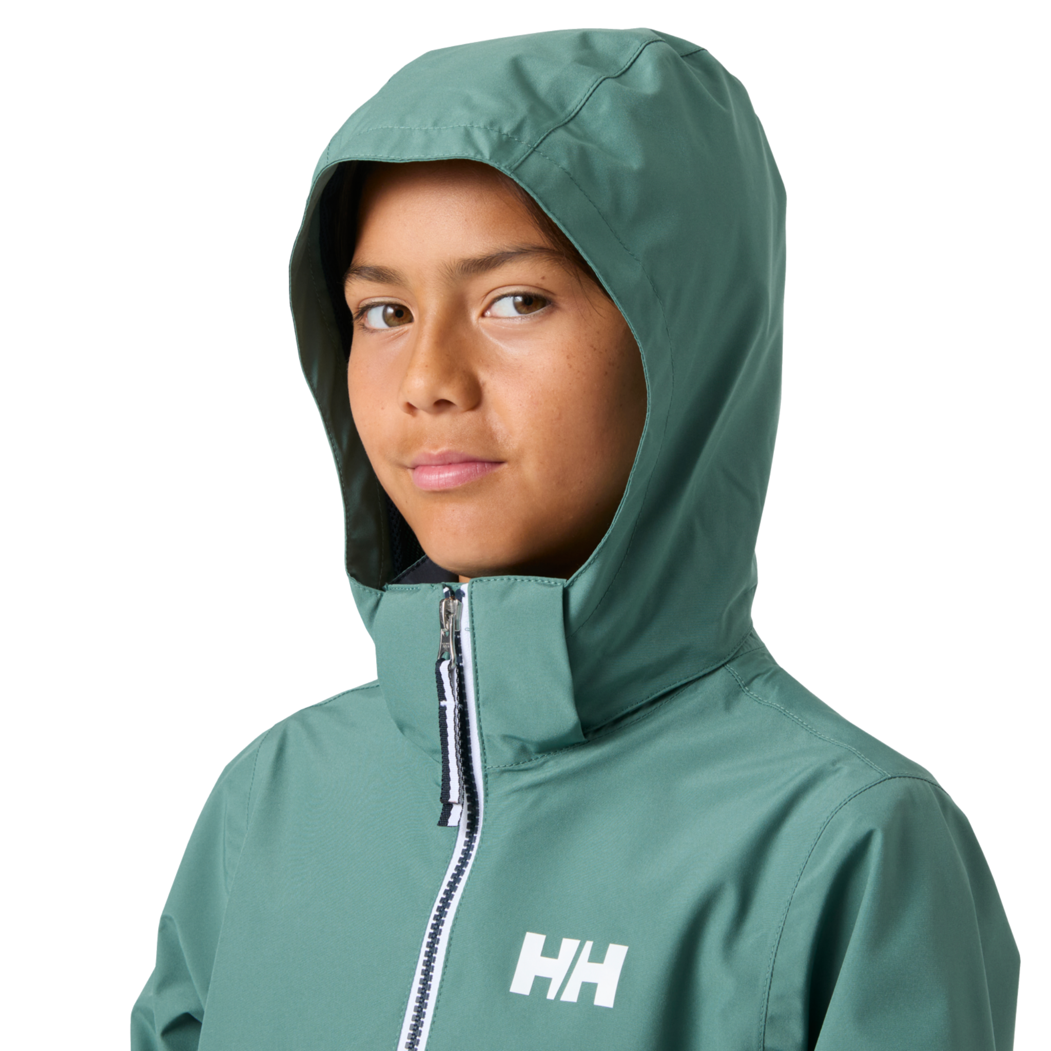 Helly Hansen Juniors Koster Rain Jacket in Opal with removable hood for versatile waterproof coverage in changing weather