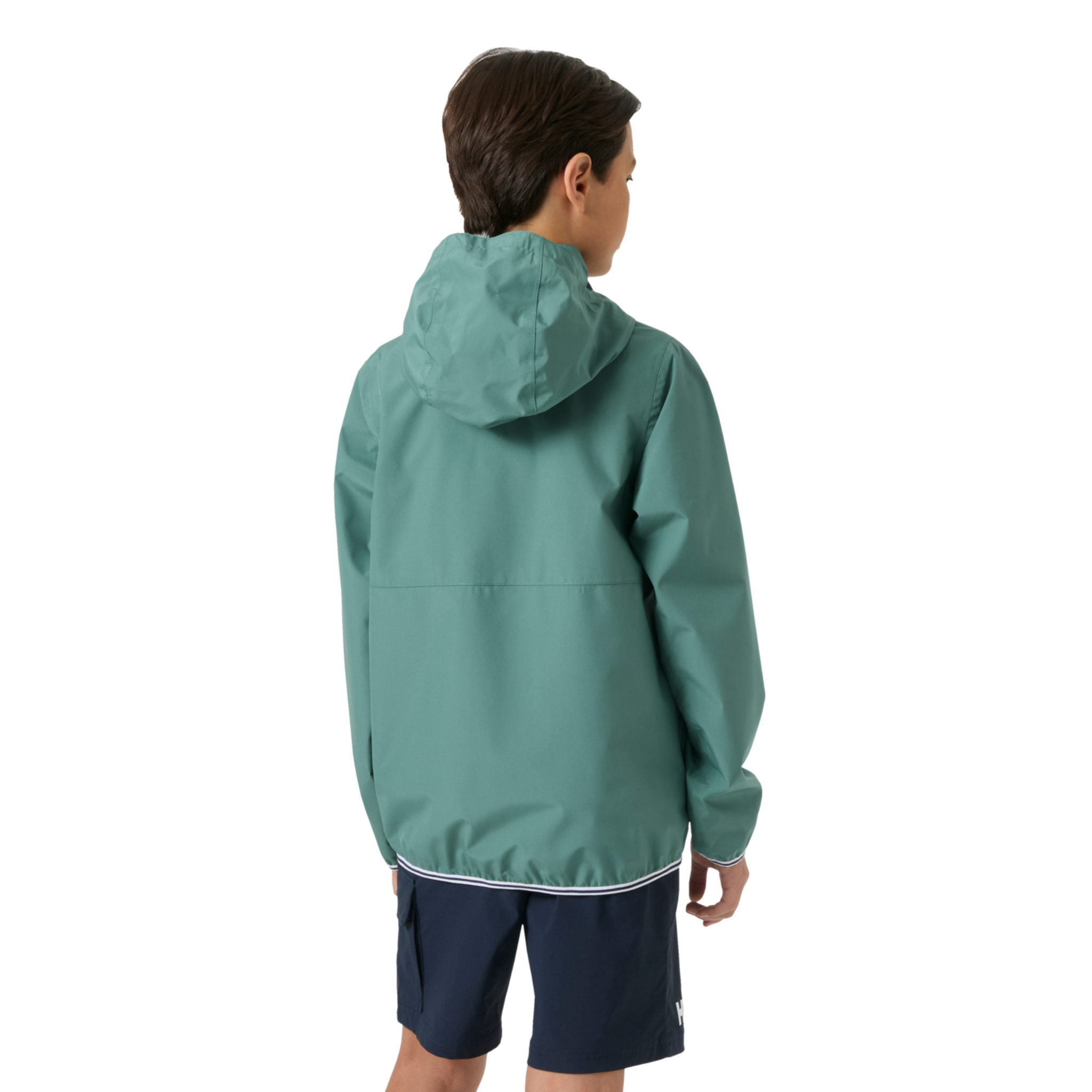 Rear view of Helly Hansen Juniors Koster Rain Jacket in Opal with lightweight breathable and windproof rain protection