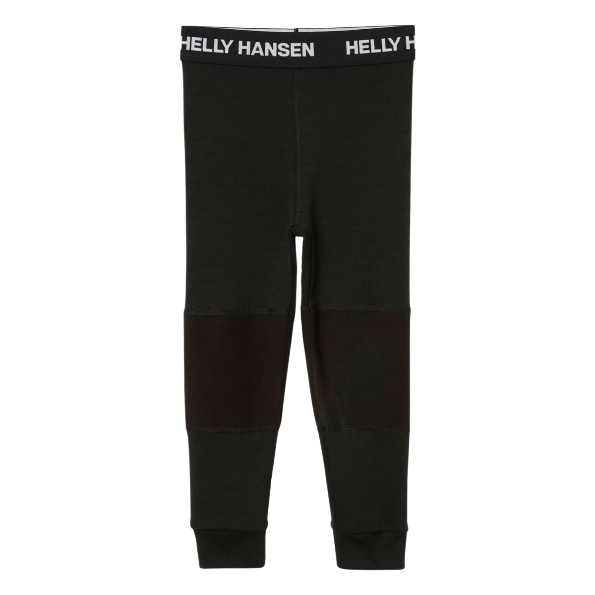 Front view of Helly Hansen Kids Graphic LIFA Merino base layer pants in Black with comfortable elastic waistband