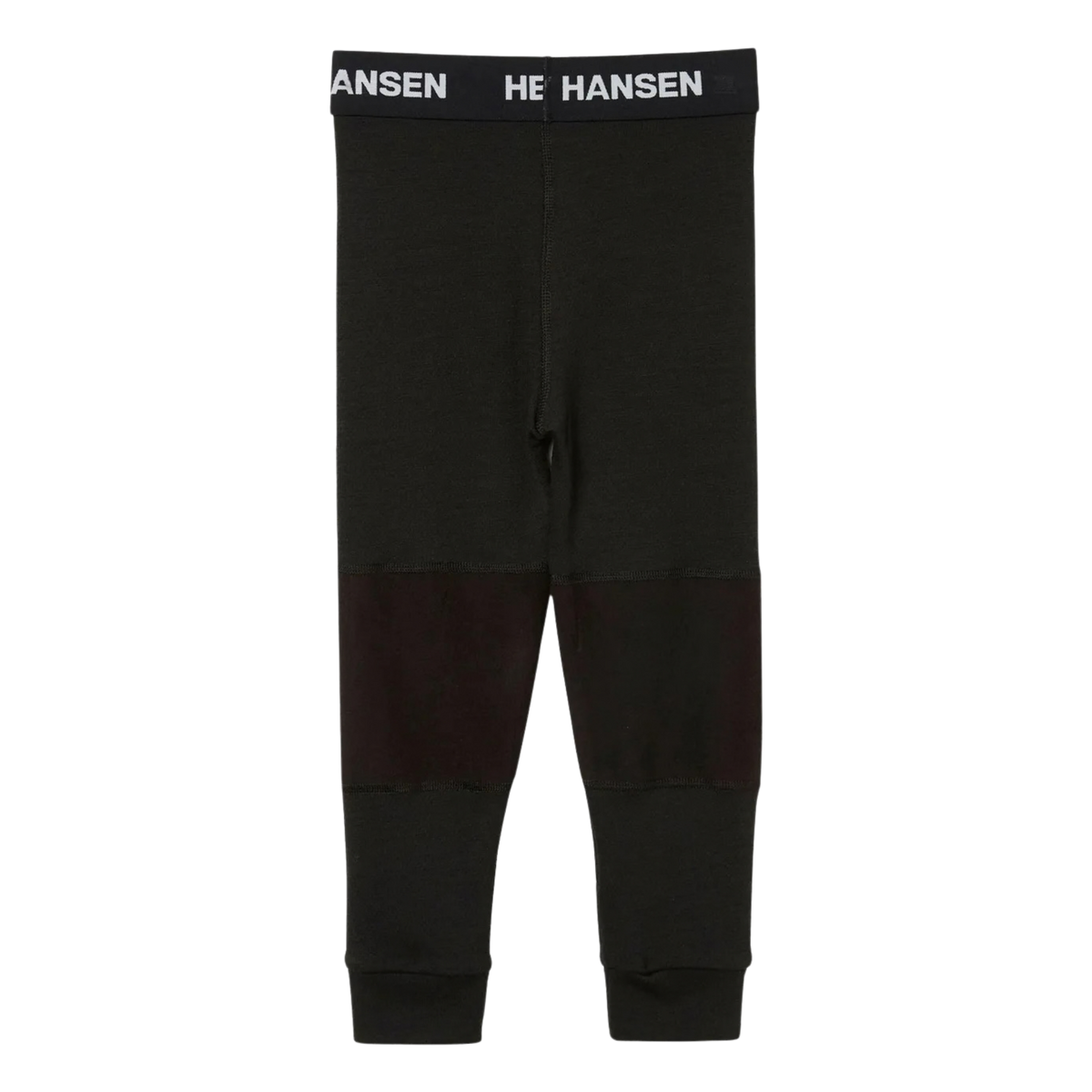 Rear view of Helly Hansen Kids Graphic LIFA Merino thermal pants in Black with flatlock seams for next-to-skin comfort