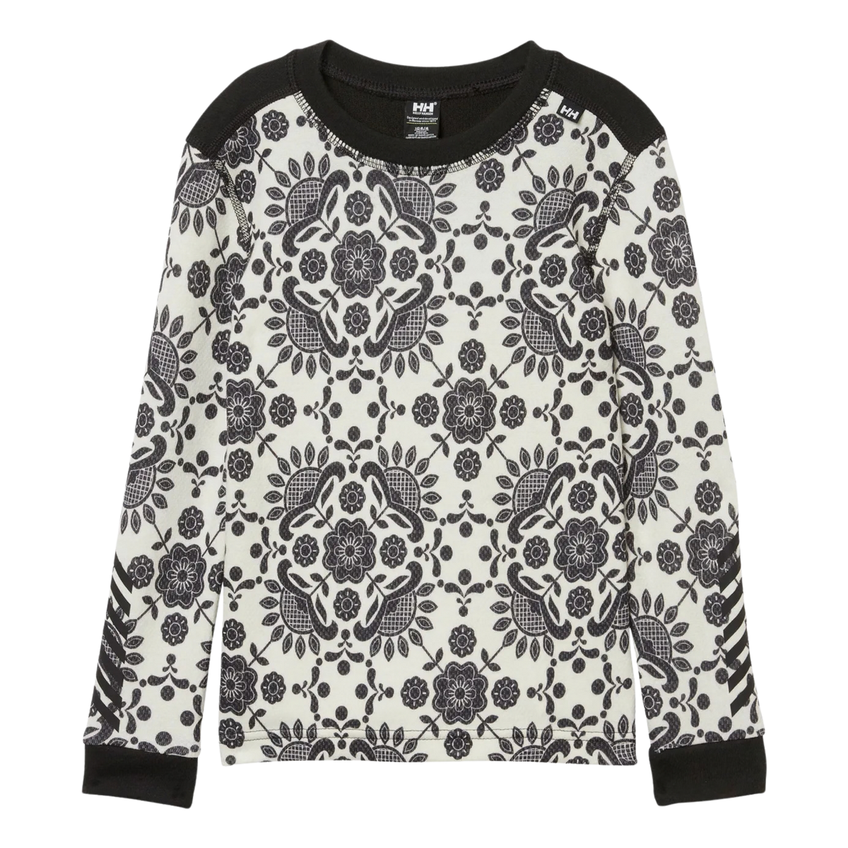 Front view of Helly Hansen Kids Graphic LIFA Merino top in Black with crew neck, printed graphic and 57% Merino wool fabric
