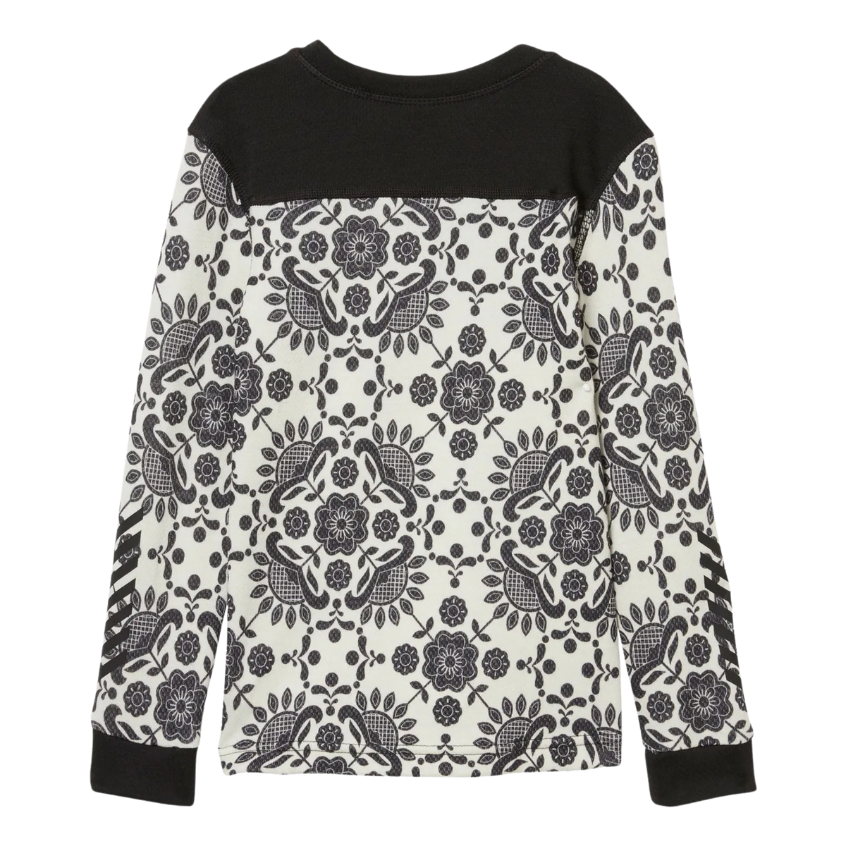 Rear view of Helly Hansen Kids Graphic LIFA Merino top in Black with drop-tail hem and comfortable flatlock seam construction 