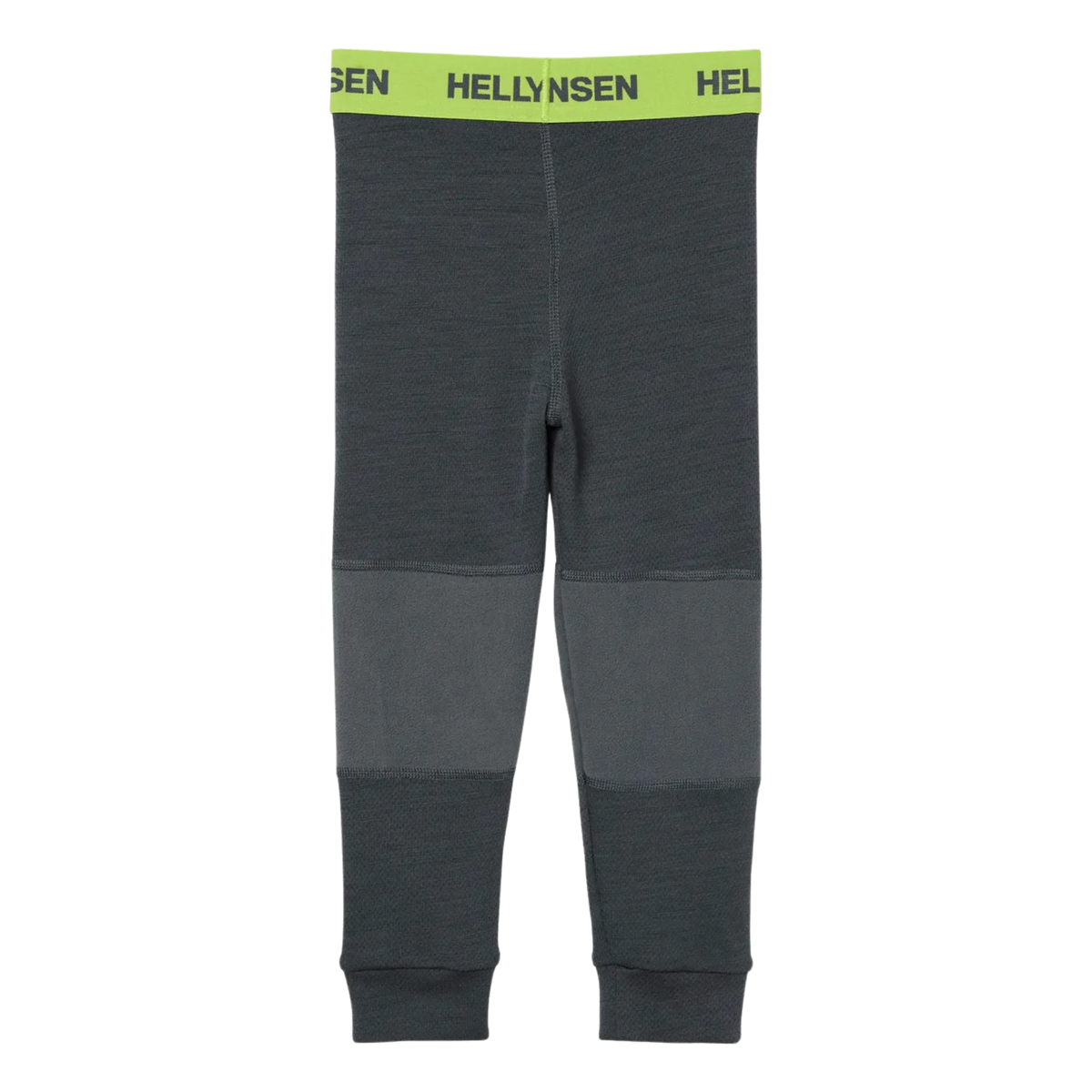 Rear view of Helly Hansen Kids Graphic LIFA Merino thermal pants in Thunder Grey with flatlock seams for next-to-skin comfort