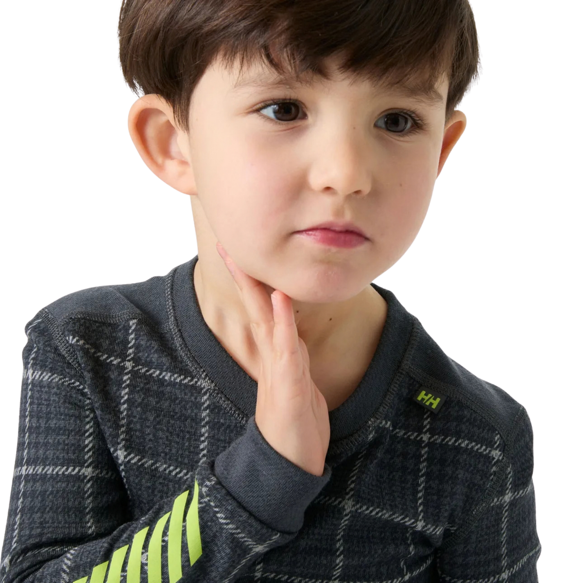 Helly Hansen Kids Graphic LIFA Merino top crew neck in Thunder Grey designed for comfortable layering beneath ski and snow jackets