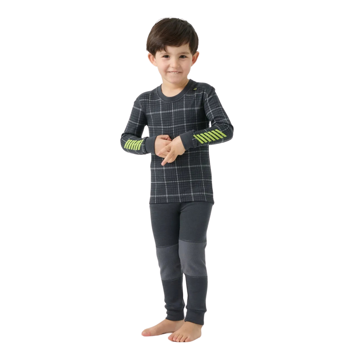 Front view of Helly Hansen Kids Graphic LIFA Merino Set in Thunder Grey with thermal crew neck top and matching elastic-waist base layer pants
