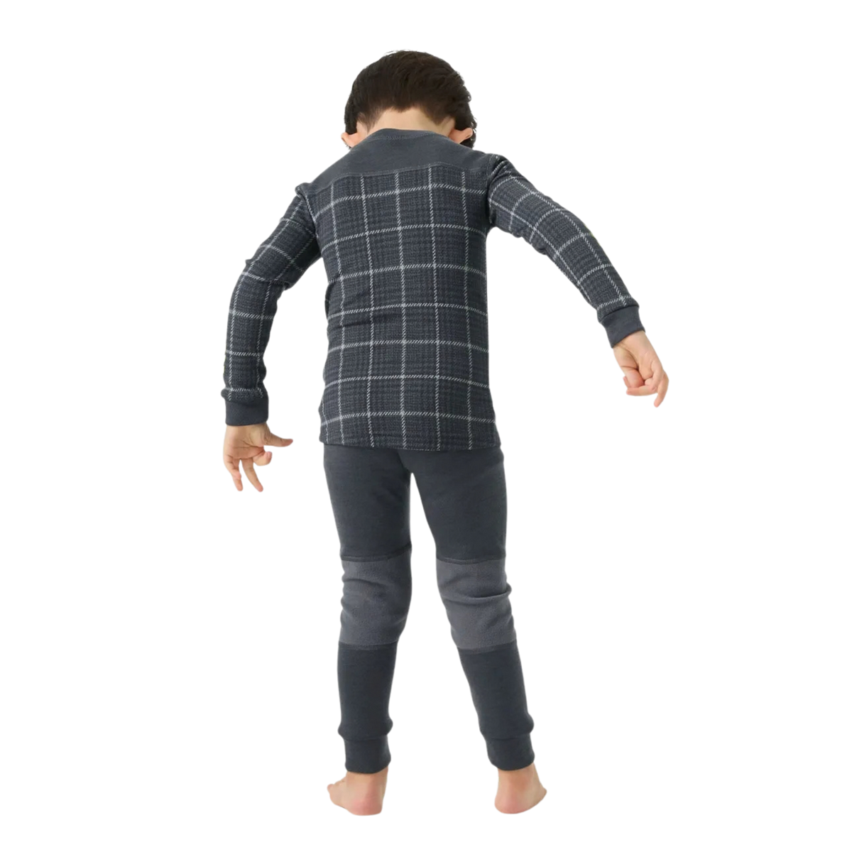 Rear view of Helly Hansen Kids Graphic LIFA Merino Set in Thunder Grey with flatlock seams and drop-tail top for comfortable winter layering