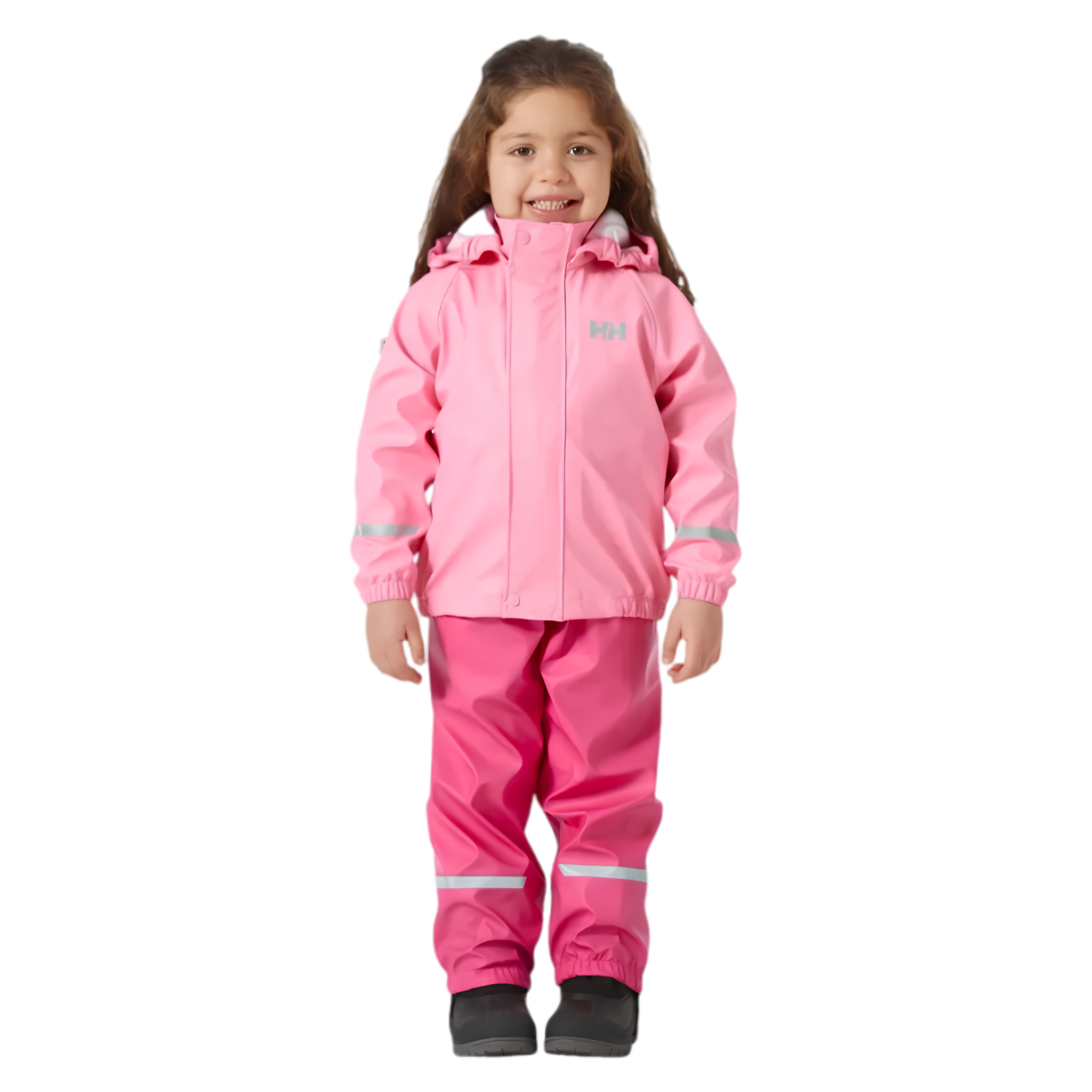 Front view of Helly Hansen Kids Bergen 2.0 Rain Set in Dragon Fruit color with waterproof jacket, bib pants and adjustable suspenders