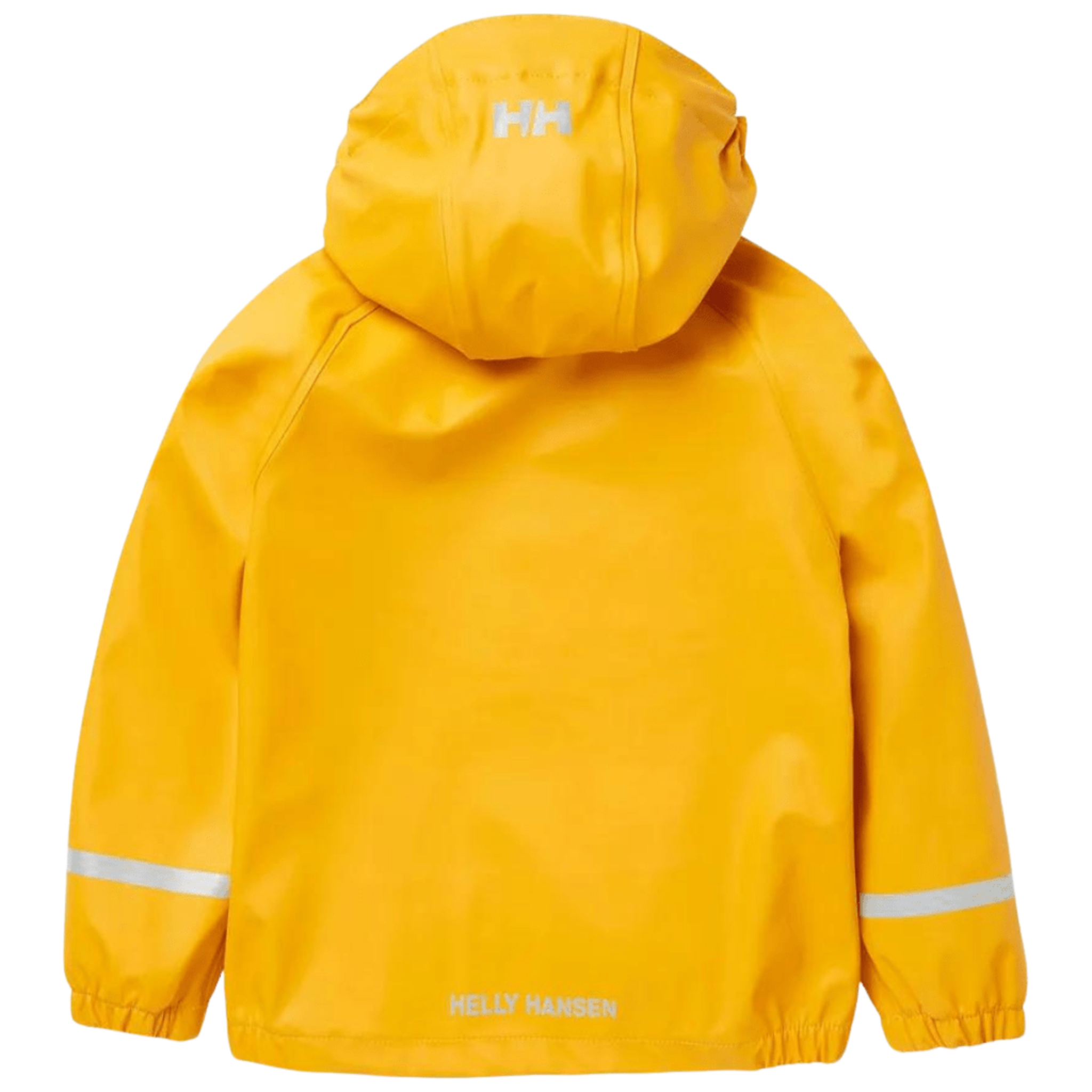 Rear view of Helly Hansen Kids Bergen 2.0 Rain Set in Essential Yellow with HELOX+ waterproof construction and reflective details