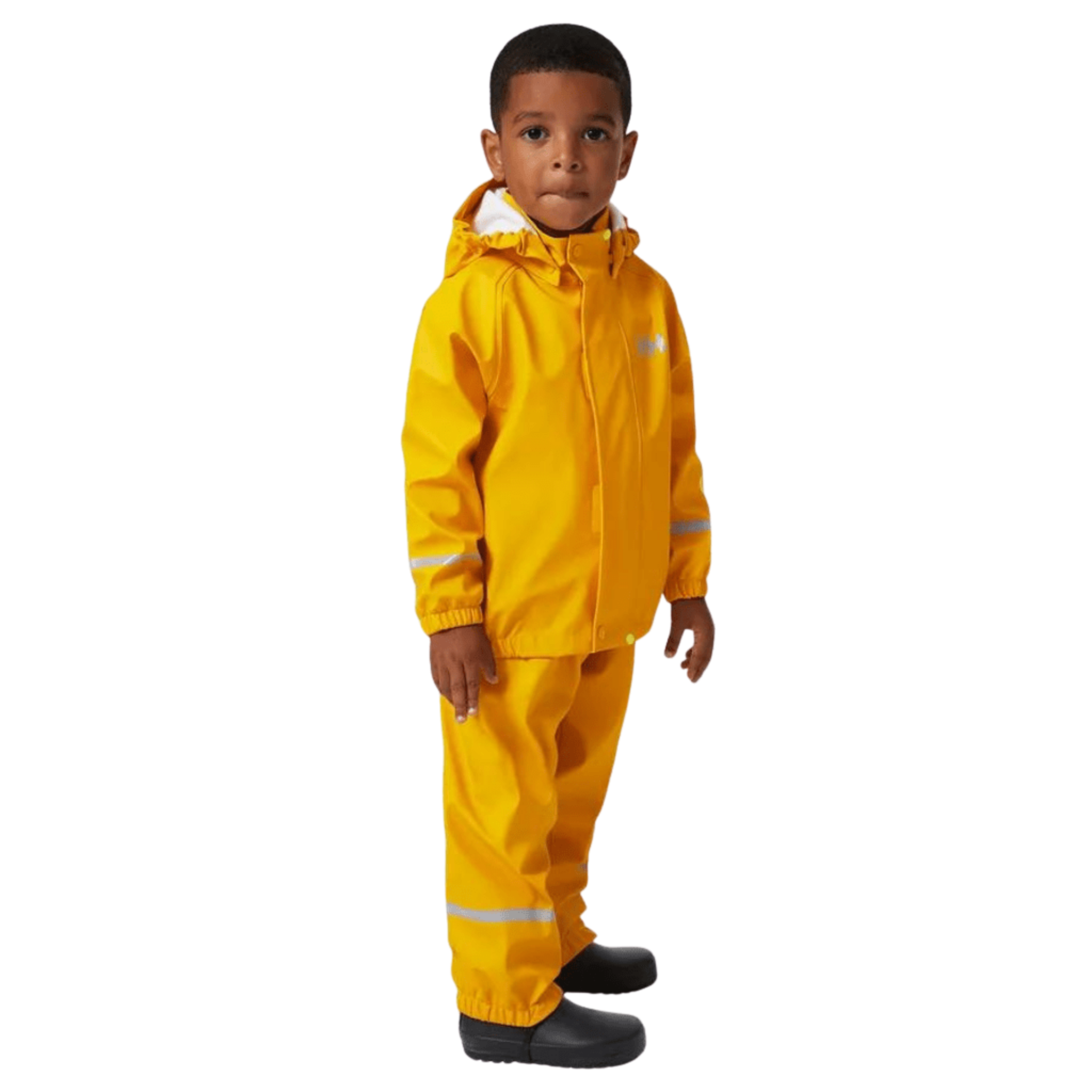 Side view of Helly Hansen Kids Bergen 2.0 Rain Set with waterproof jacket, bib pants and adjustable suspenders