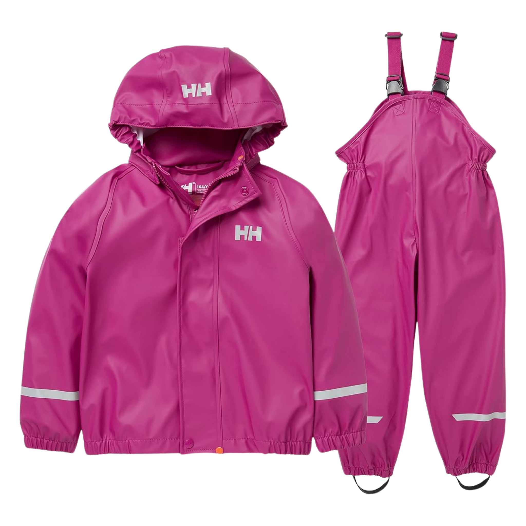 Helly Hansen Kids Bergen 2.0 Rain Set in Magenta with waterproof HELOX+ fabric, welded seams, jacket and bib overalls