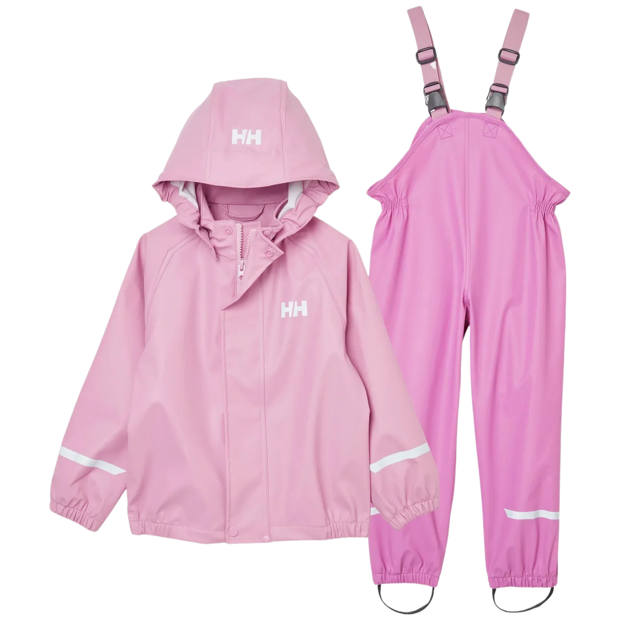 Helly Hansen Kids Bergen 2.0 Rain Set in Meta Pink with waterproof HELOX+ fabric, welded seams, jacket and bib overalls