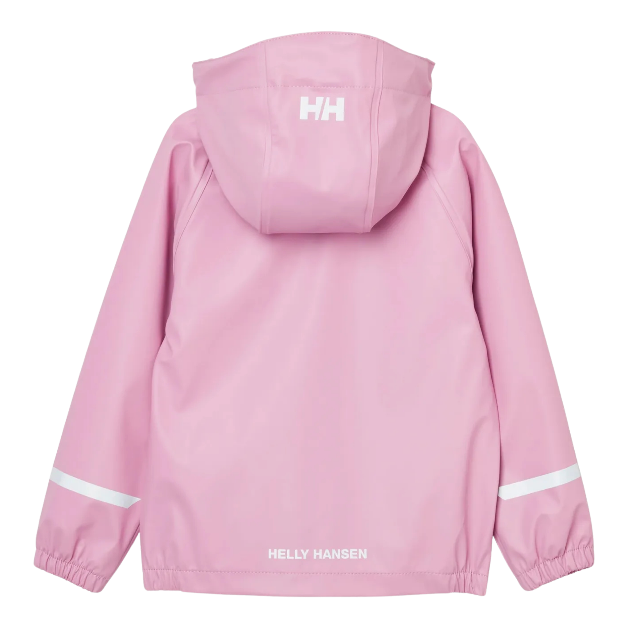 Rear view of Helly Hansen Kids Bergen 2.0 Rain Set in Meta Pink with HELOX+ waterproof construction and reflective details