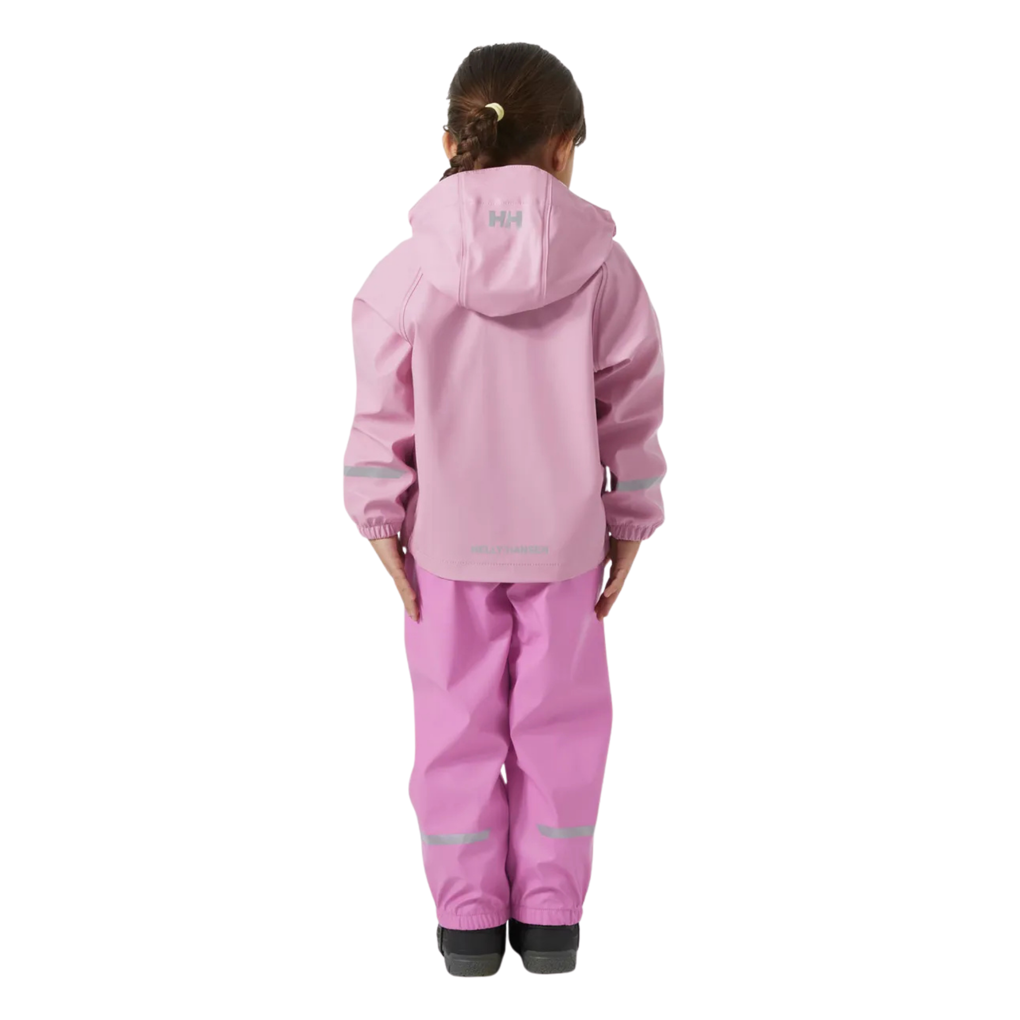 Rear view of Helly Hansen Kids Bergen 2.0 Rain Set with HELOX+ waterproof construction and reflective details