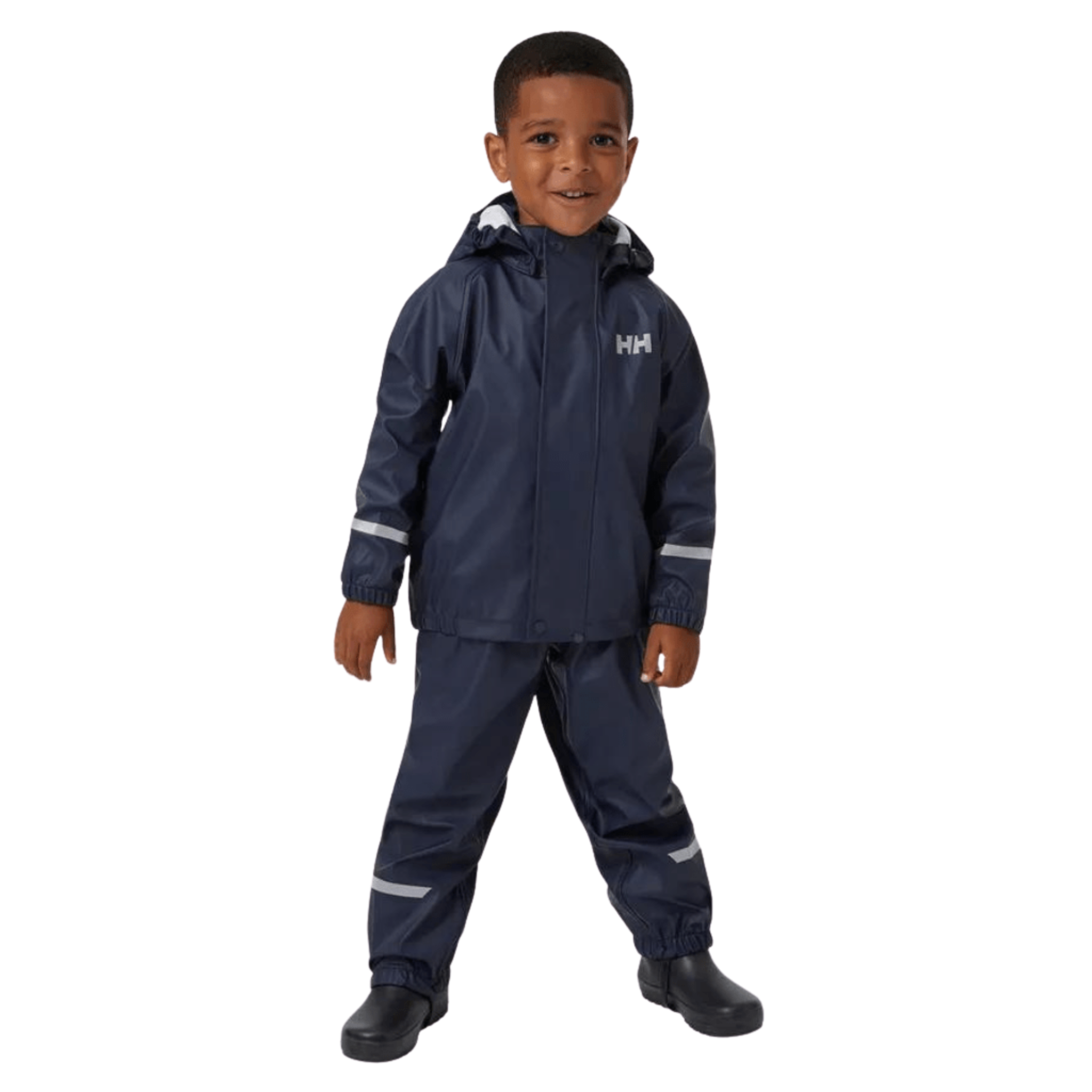 Front view of Helly Hansen Kids Bergen 2.0 Rain Set in Navy with waterproof jacket, bib pants and adjustable suspenders