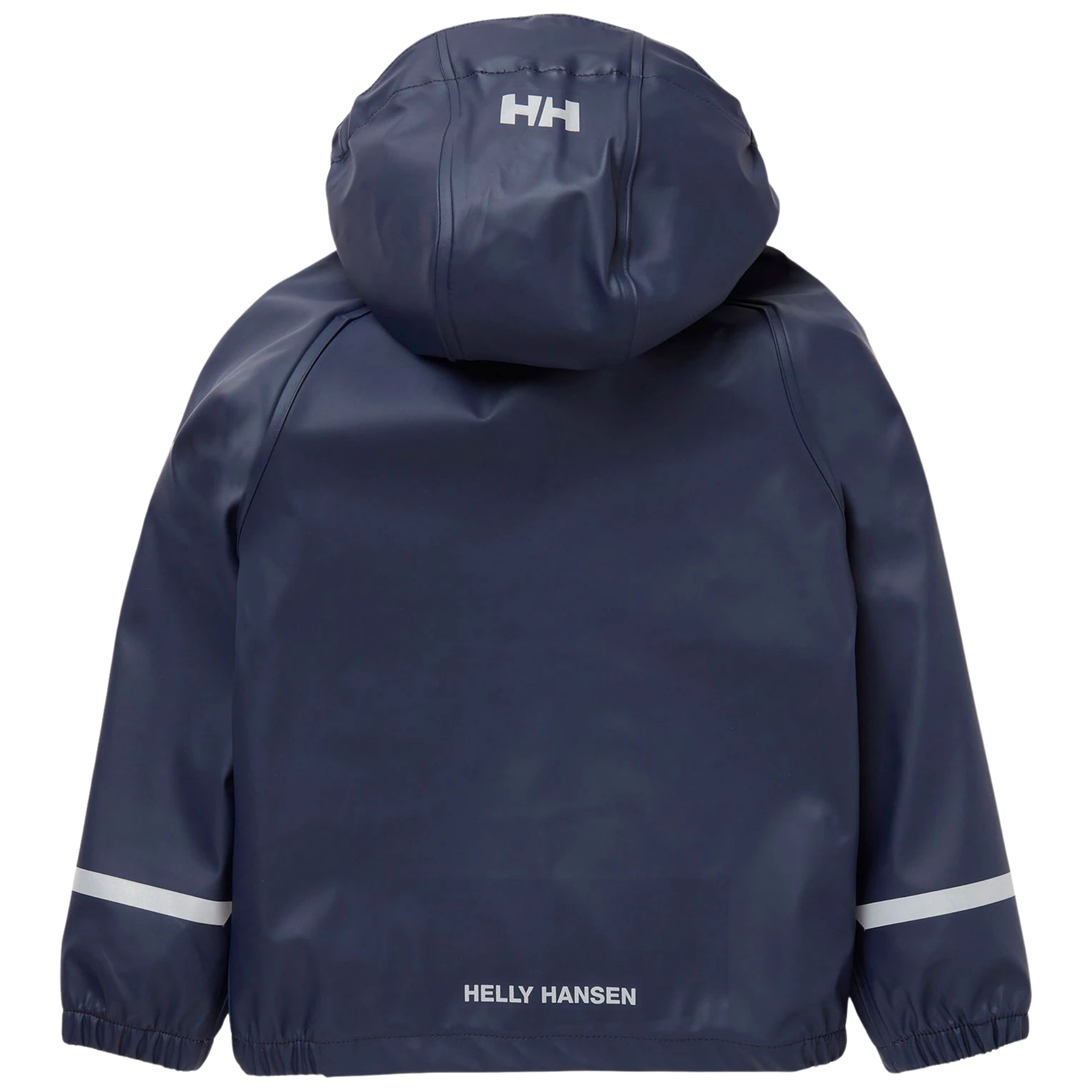 Rear view of Helly Hansen Kids Bergen 2.0 Rain Jacket in Navy with HELOX+ waterproof construction and reflective details