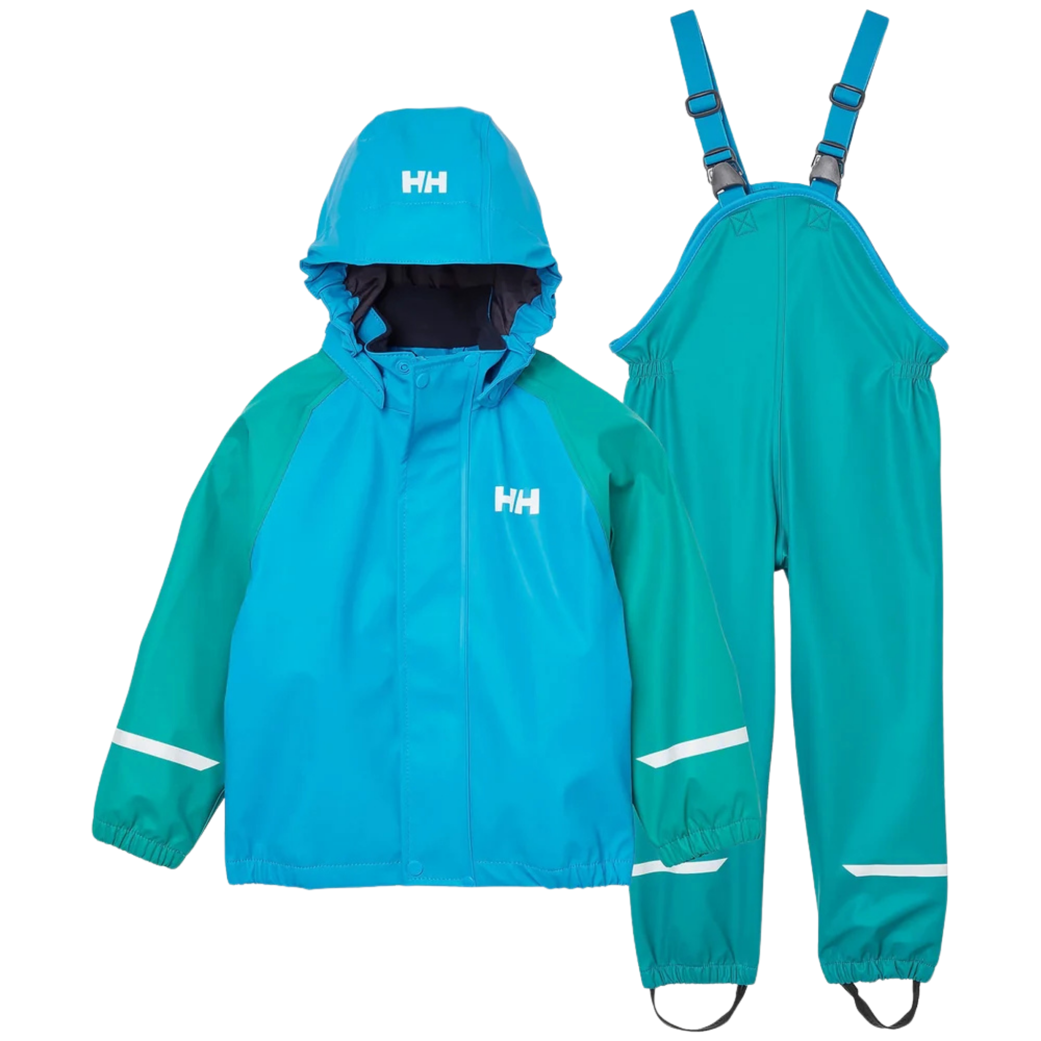 Helly Hansen Kids Bergen 2.0 Rain Set in Signal Green with waterproof HELOX+ fabric, welded seams, jacket and bib overalls