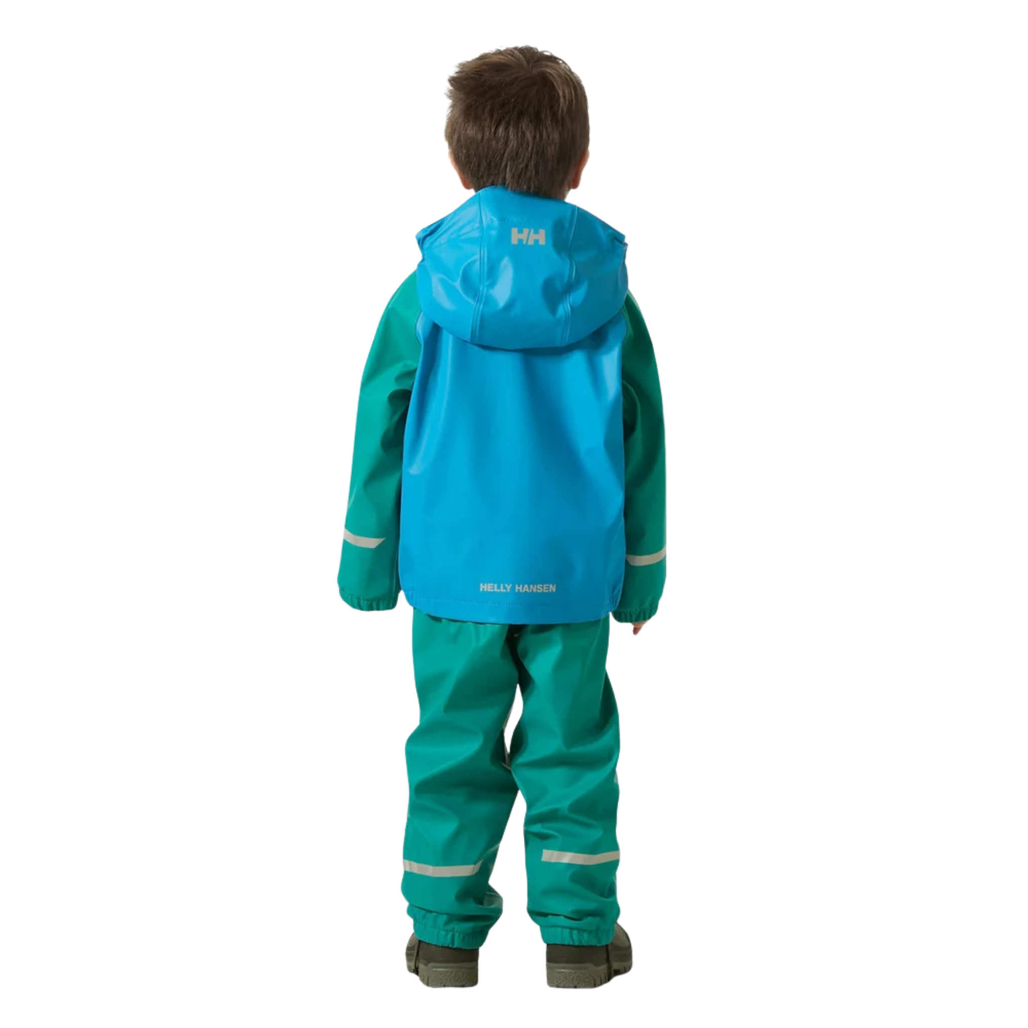 Rear view of Helly Hansen Kids Bergen 2.0 Rain Set in Signal Green with HELOX+ waterproof construction and reflective details
