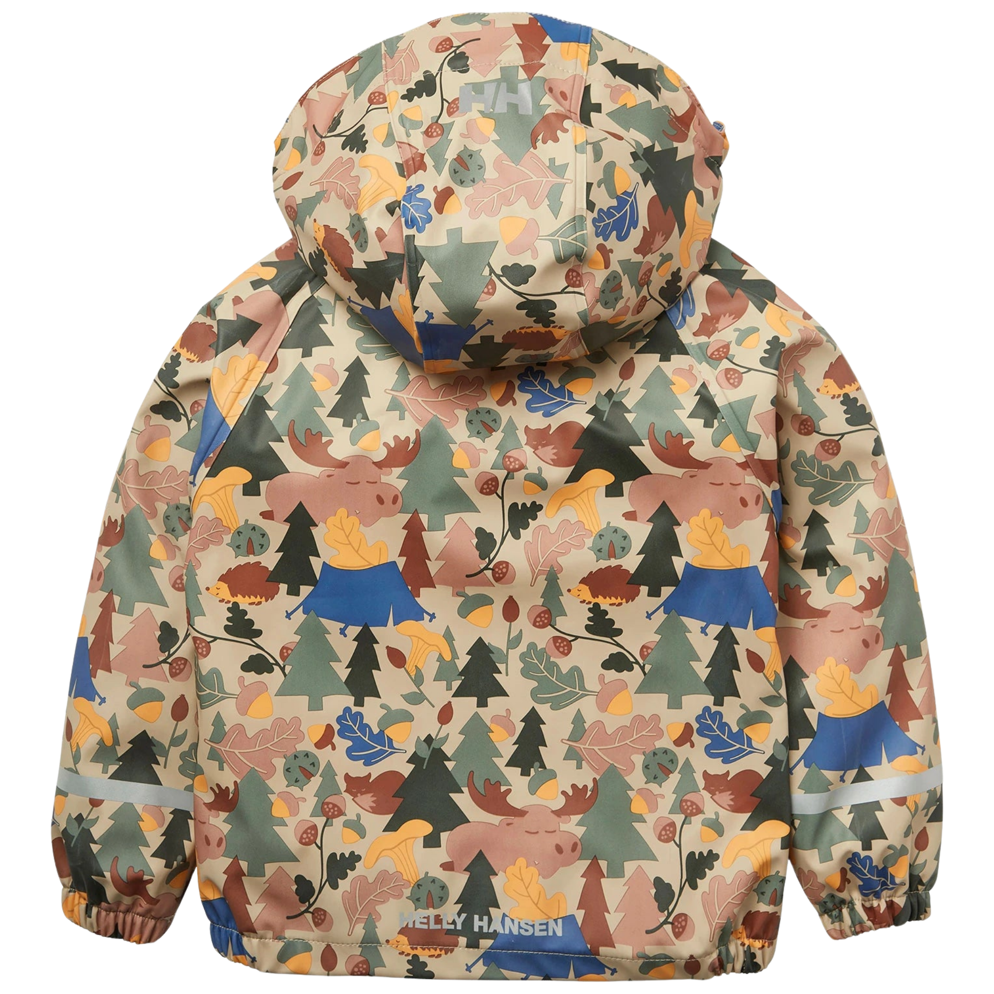Rear view of Helly Hansen Kids Bergen 2.0 Rain Jacket in Terracotta with HELOX+ waterproof construction and reflective details