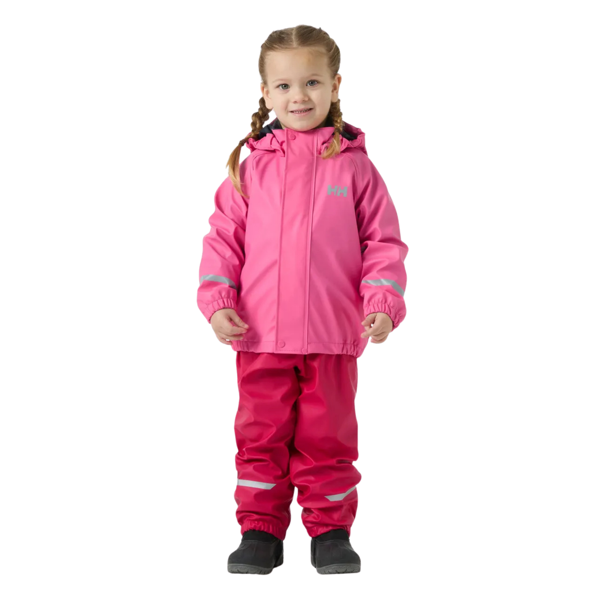 Front view of Helly Hansen Kids Bergen Fleece-Lined Rain Set 2.0 in Cranberry with fleece-lined jacket, bib pants and adjustable suspenders