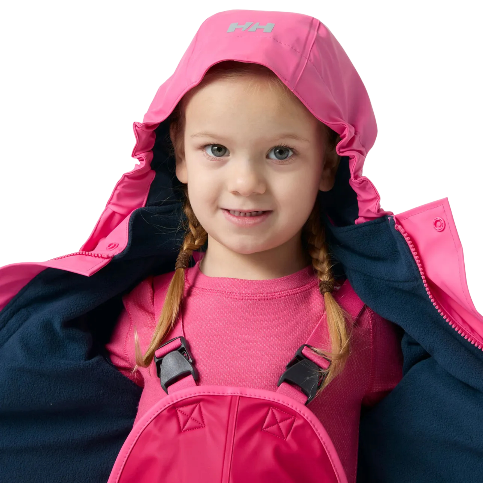 Helly Hansen Kids Bergen Fleece-Lined Rain Set 2.0 in Cranberry with adjustable elastic suspenders for a secure comfortable fit
