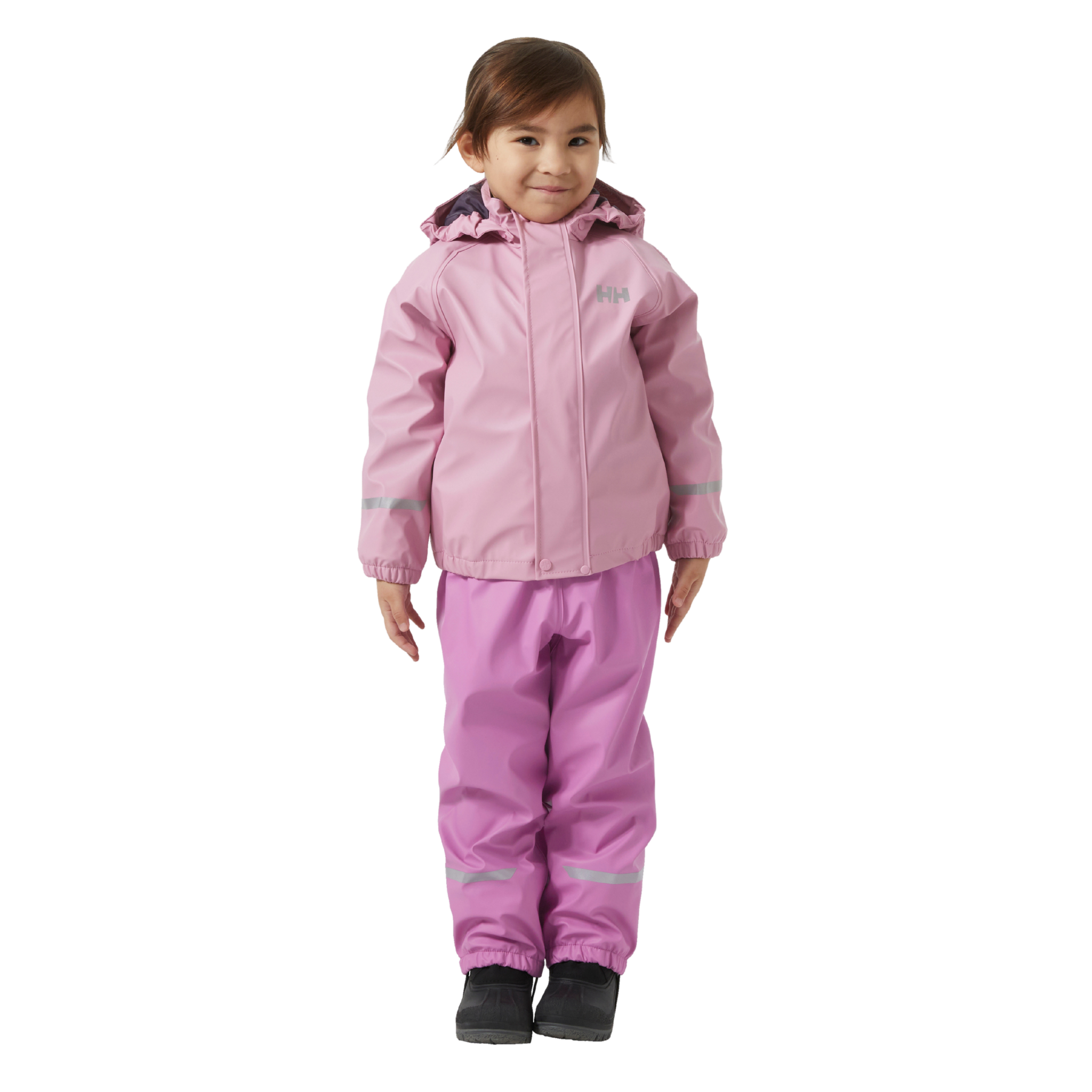 Front view of Helly Hansen Kids Bergen Fleece-Lined Rain Set 2.0 in Meta Pink with fleece-lined jacket, bib pants and adjustable suspenders