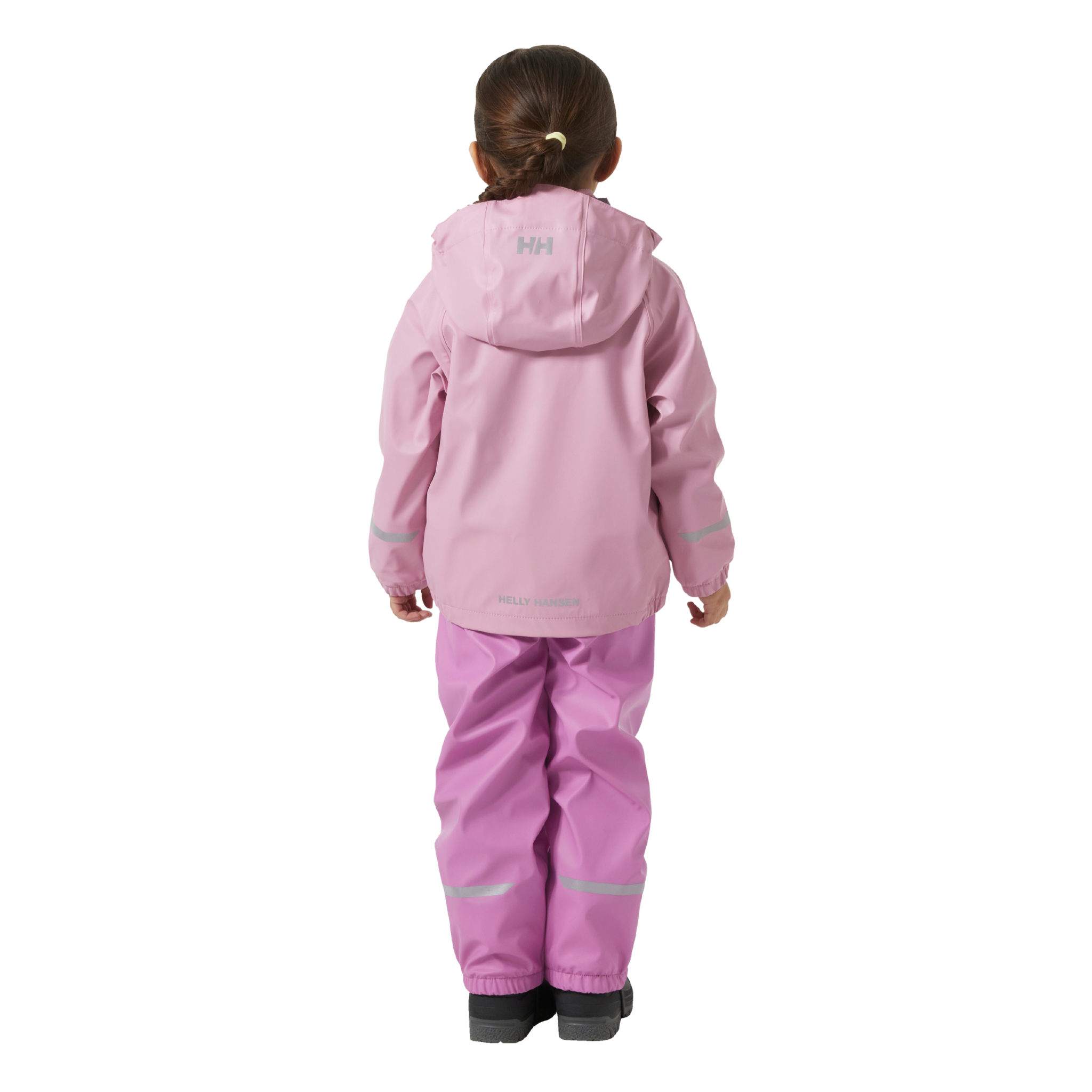 Rear view of Helly Hansen Kids Bergen Fleece-Lined Rain Set 2.0 in Meta Pink with waterproof windproof HELOX+ construction and reflective details