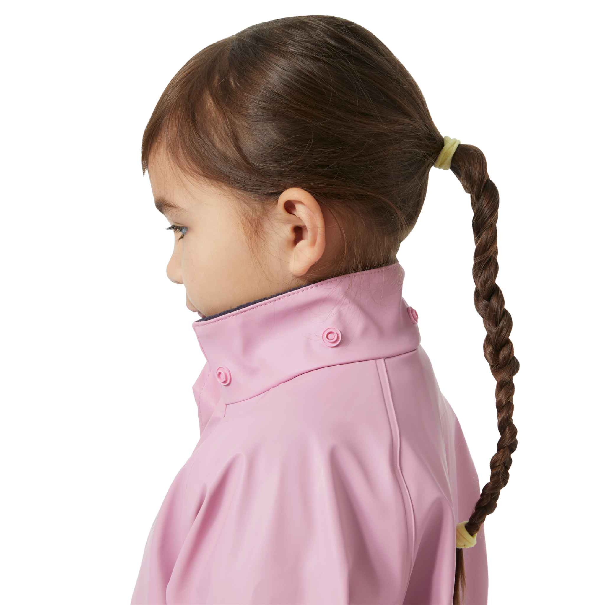 Side view of Helly Hansen Kids Bergen Fleece-Lined Rain Set 2.0 with fleece-lined jacket, bib pants and adjustable suspenders