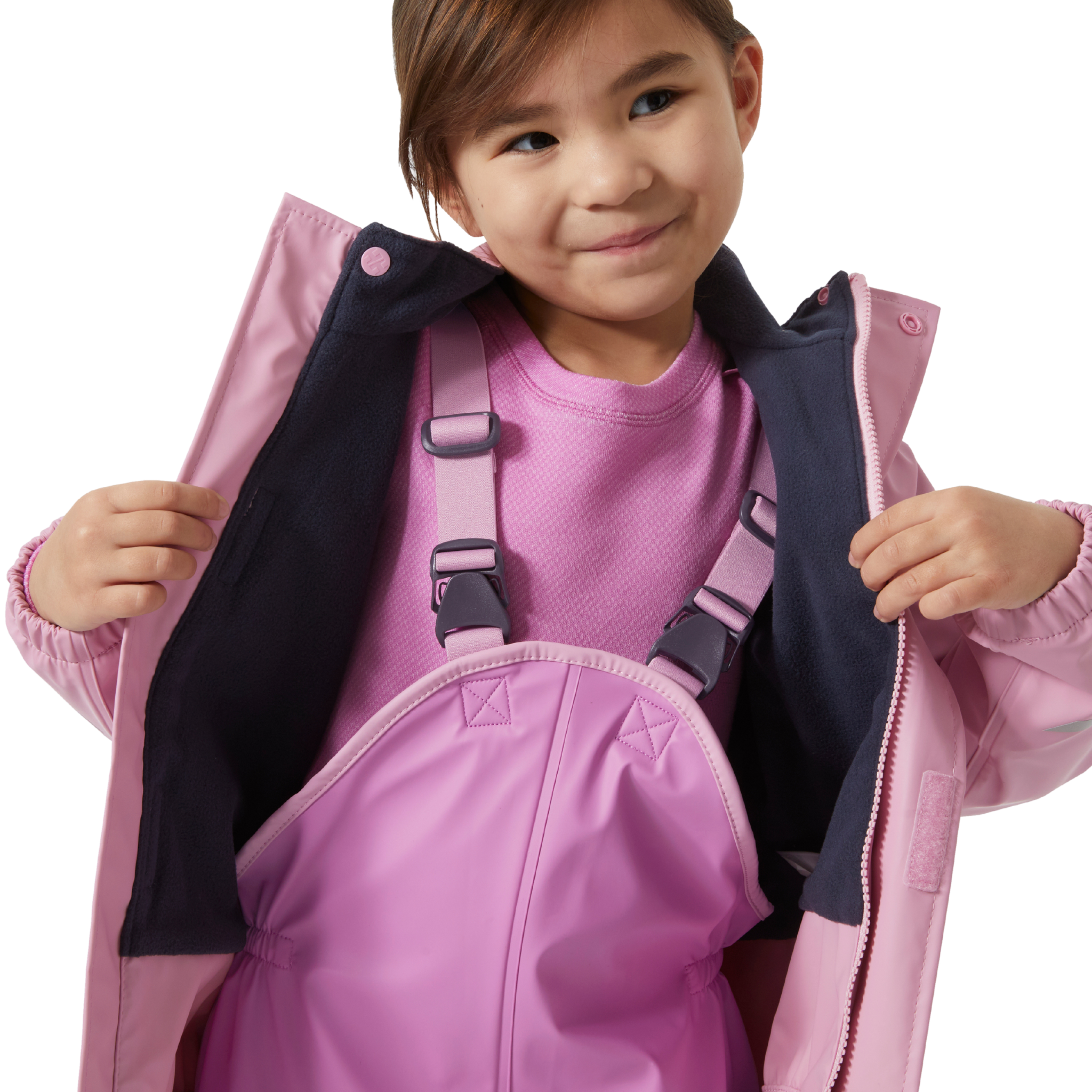 Helly Hansen Kids Bergen Fleece-Lined Rain Set 2.0 in Meta Pink with adjustable elastic suspenders for a secure comfortable fit