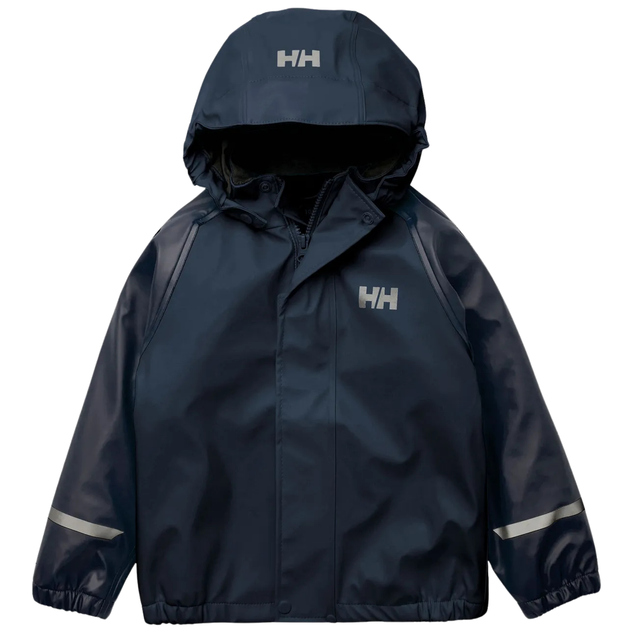 Helly Hansen Kids Bergen Fleece-Lined Rain Jacket in Navy with HELOX+ waterproof technology, welded seams and warm fleece lining