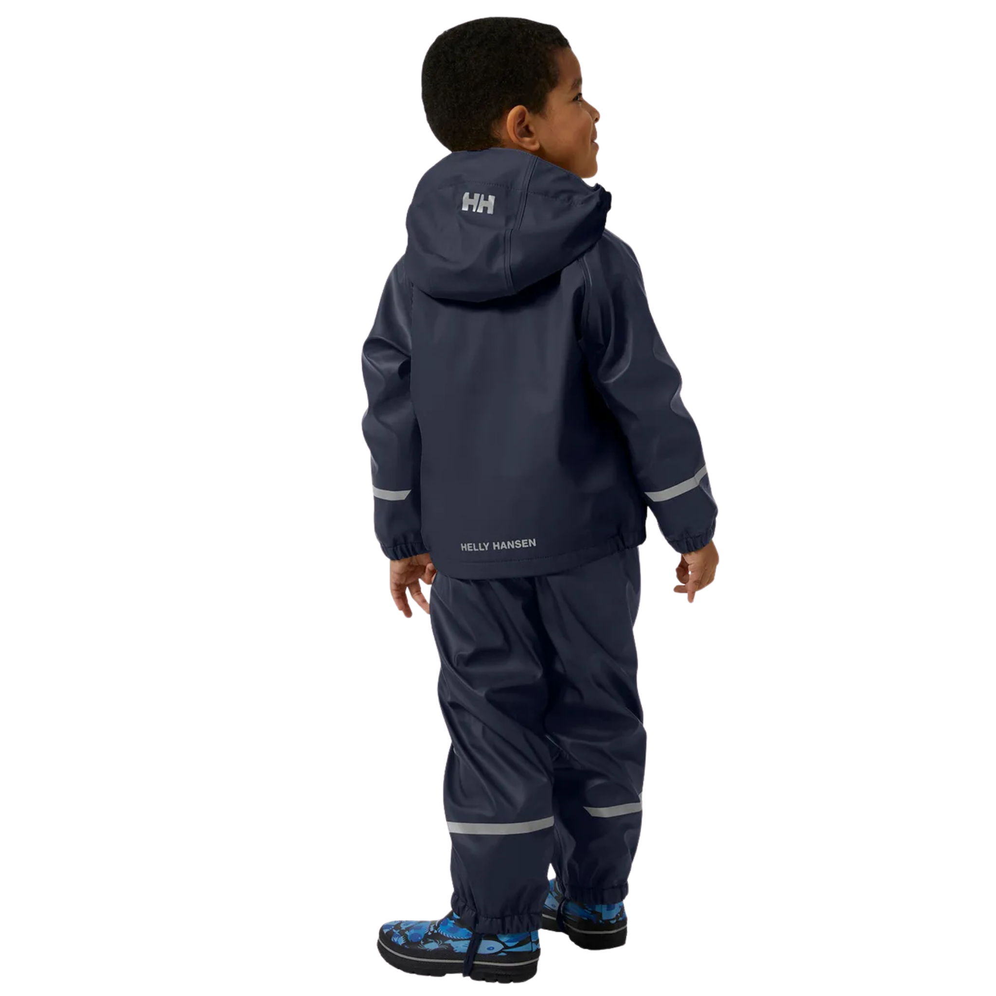 Rear view of Helly Hansen Kids Bergen Fleece-Lined Rain Set 2.0 in Navy with waterproof windproof HELOX+ construction and reflective details