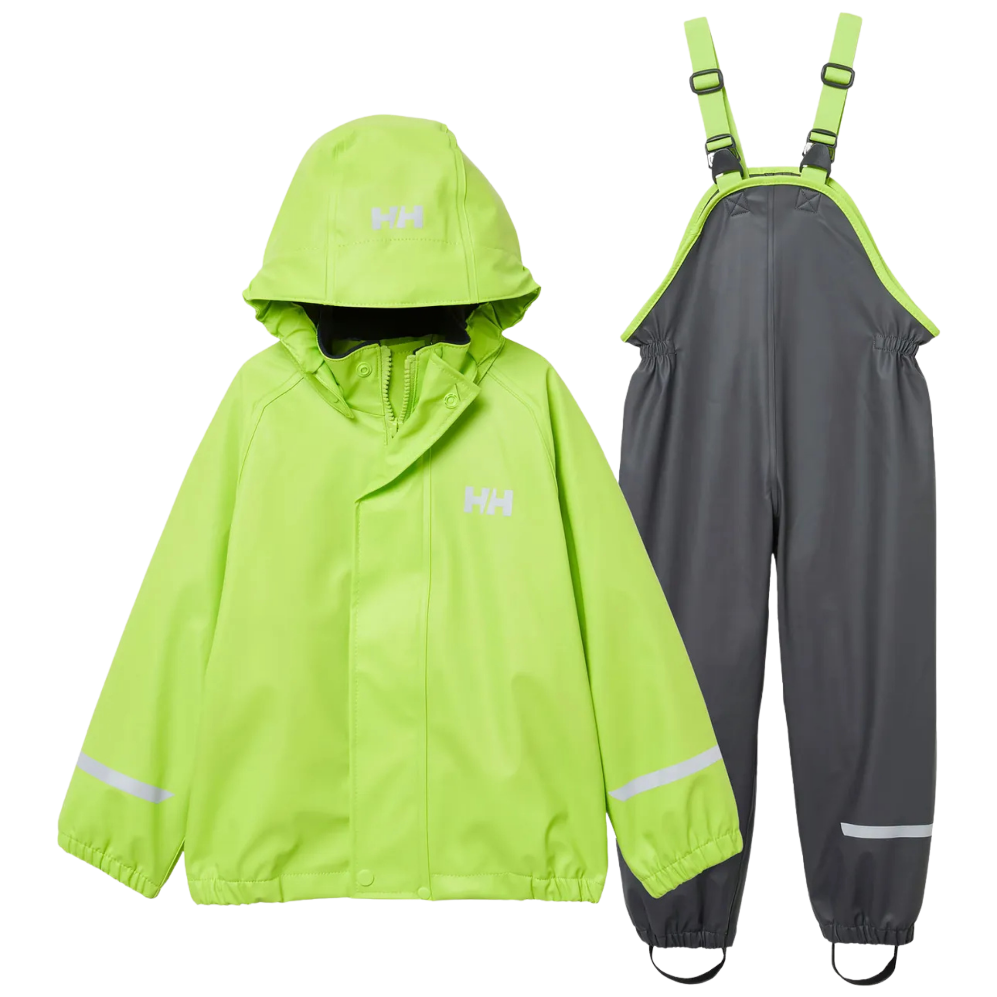 Helly Hansen Kids Bergen Fleece-Lined Rain Set 2.0 in Thunder Grey with waterproof HELOX+ technology, welded seams and warm fleece lining