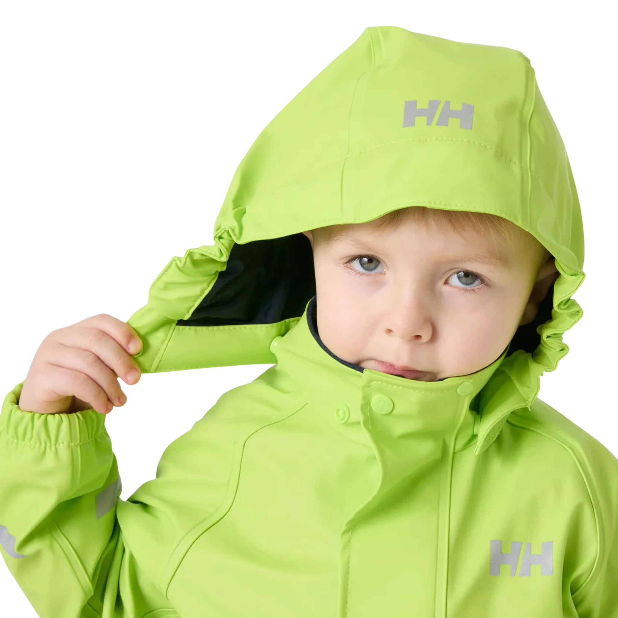 Helly Hansen Kids Bergen Fleece-Lined Rain Set 2.0 in Thunder Grey with detachable hood, fleece lining and waterproof HELOX+ protection