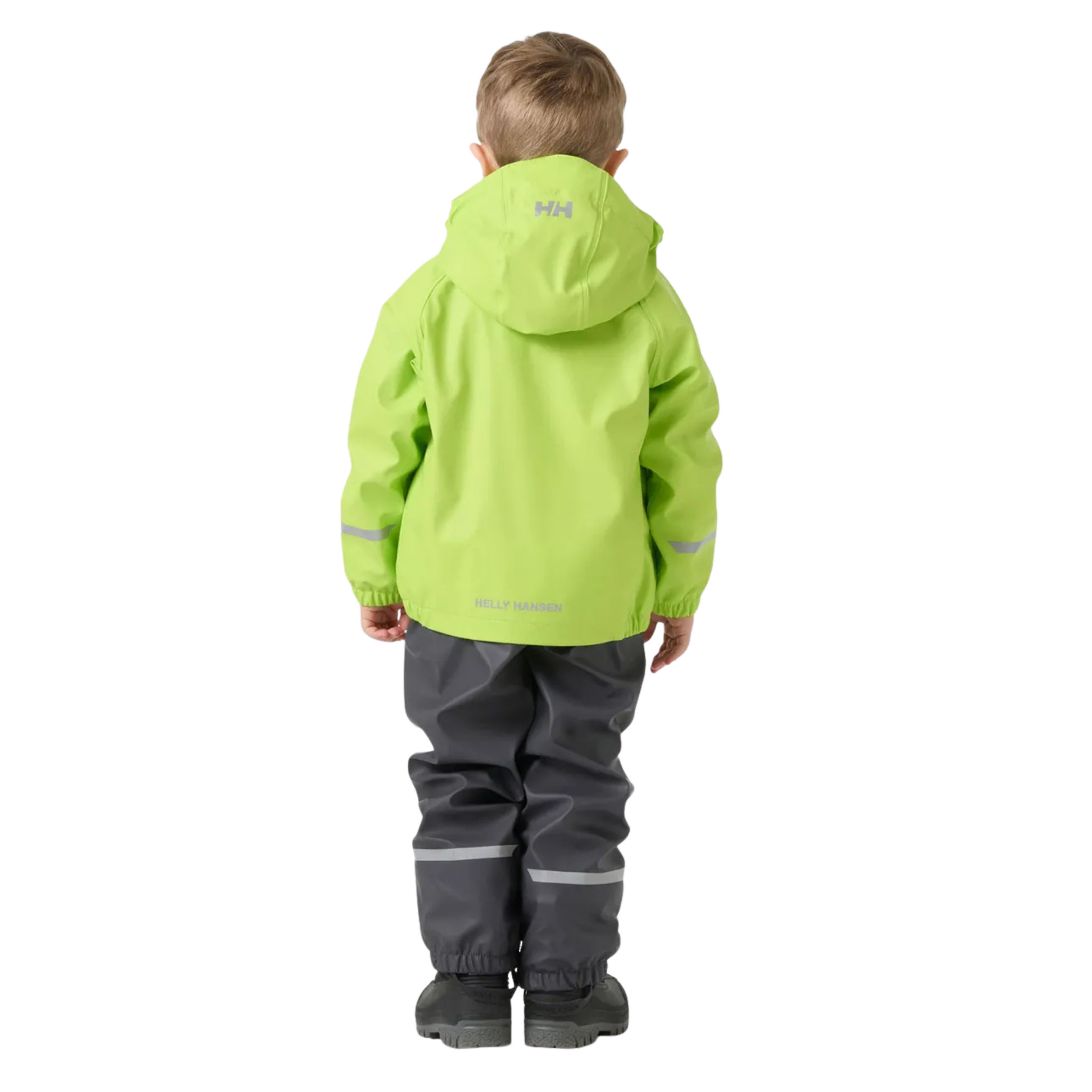 Rear view of Helly Hansen Kids Bergen Fleece-Lined Rain Set 2.0 in Thunder Grey with waterproof windproof HELOX+ construction and reflective details