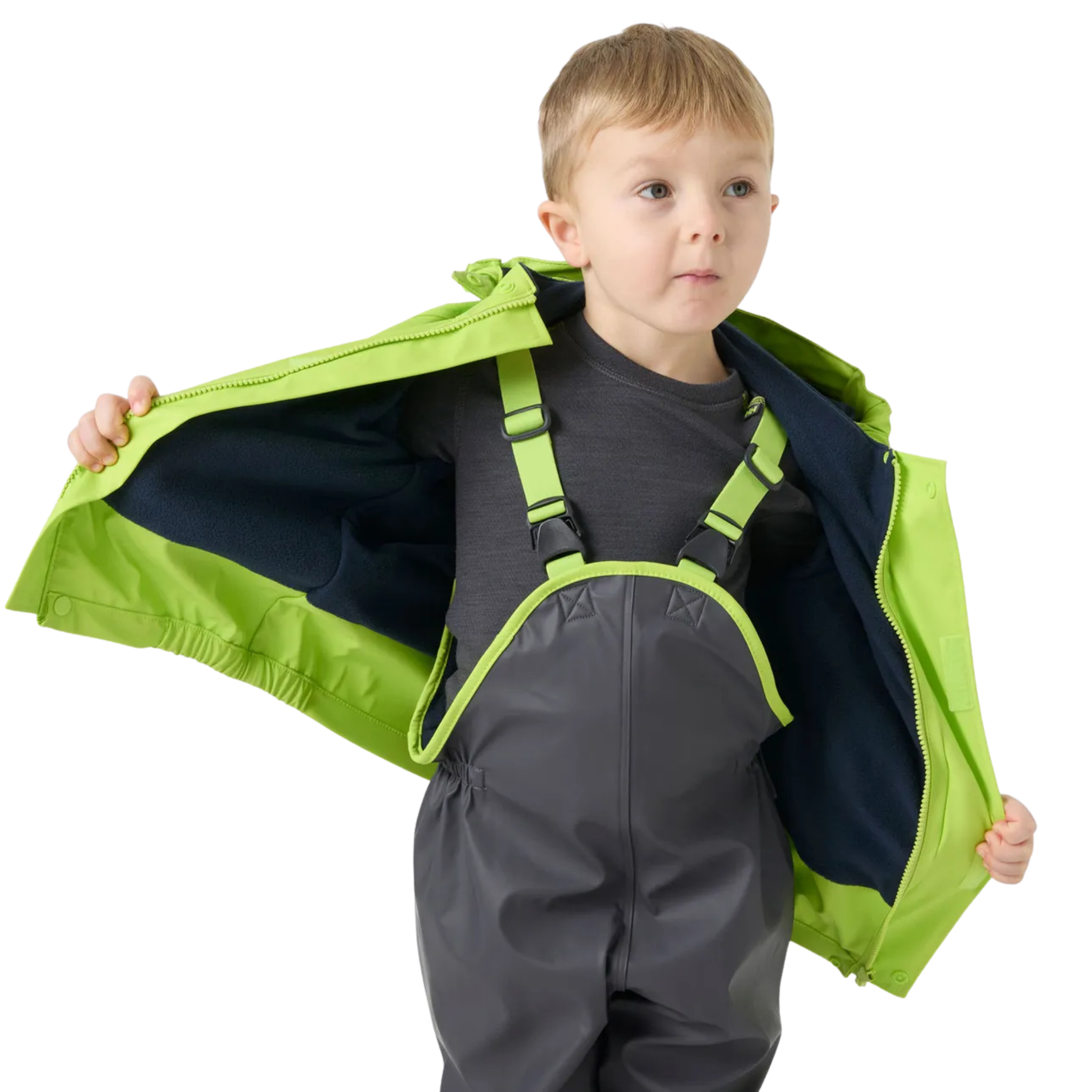 Helly Hansen Kids Bergen Fleece-Lined Rain Set 2.0 in Thunder Grey with adjustable elastic suspenders for a secure comfortable fit