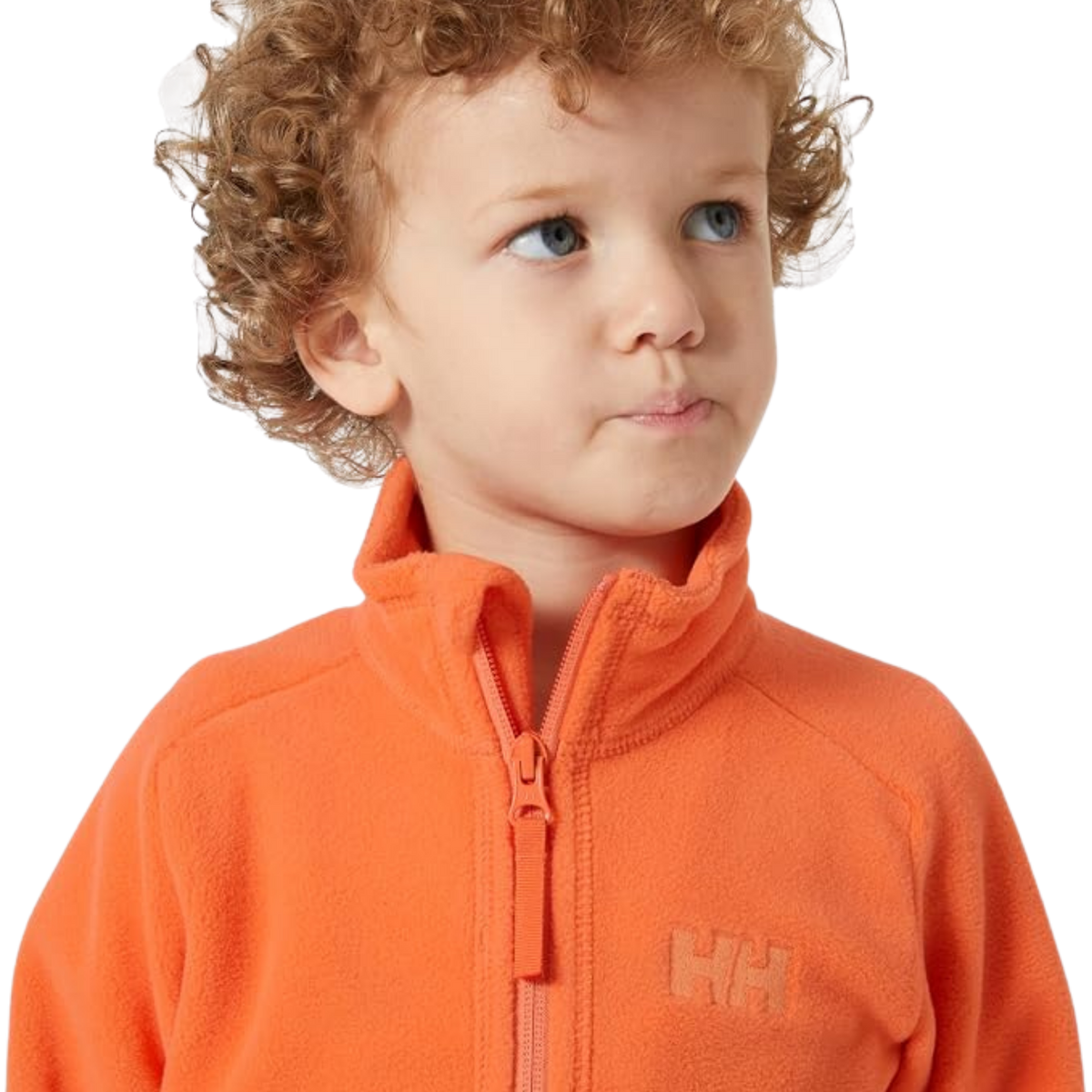 Helly Hansen Kids Daybreaker 2.0 Jacket collar detail in Bonfire color with lightweight Polartec microfleece for soft comfortable warmth
